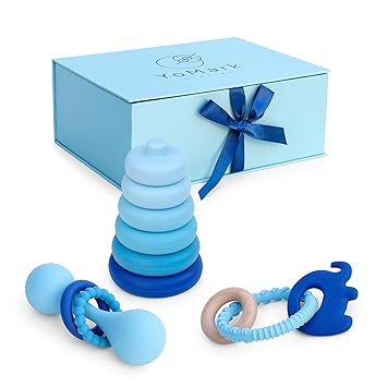 YoMark Upscale Baby Gift Set for Baby Shower Gender Reveal or Newborn Boy Teether Rattle and Ring Stack
