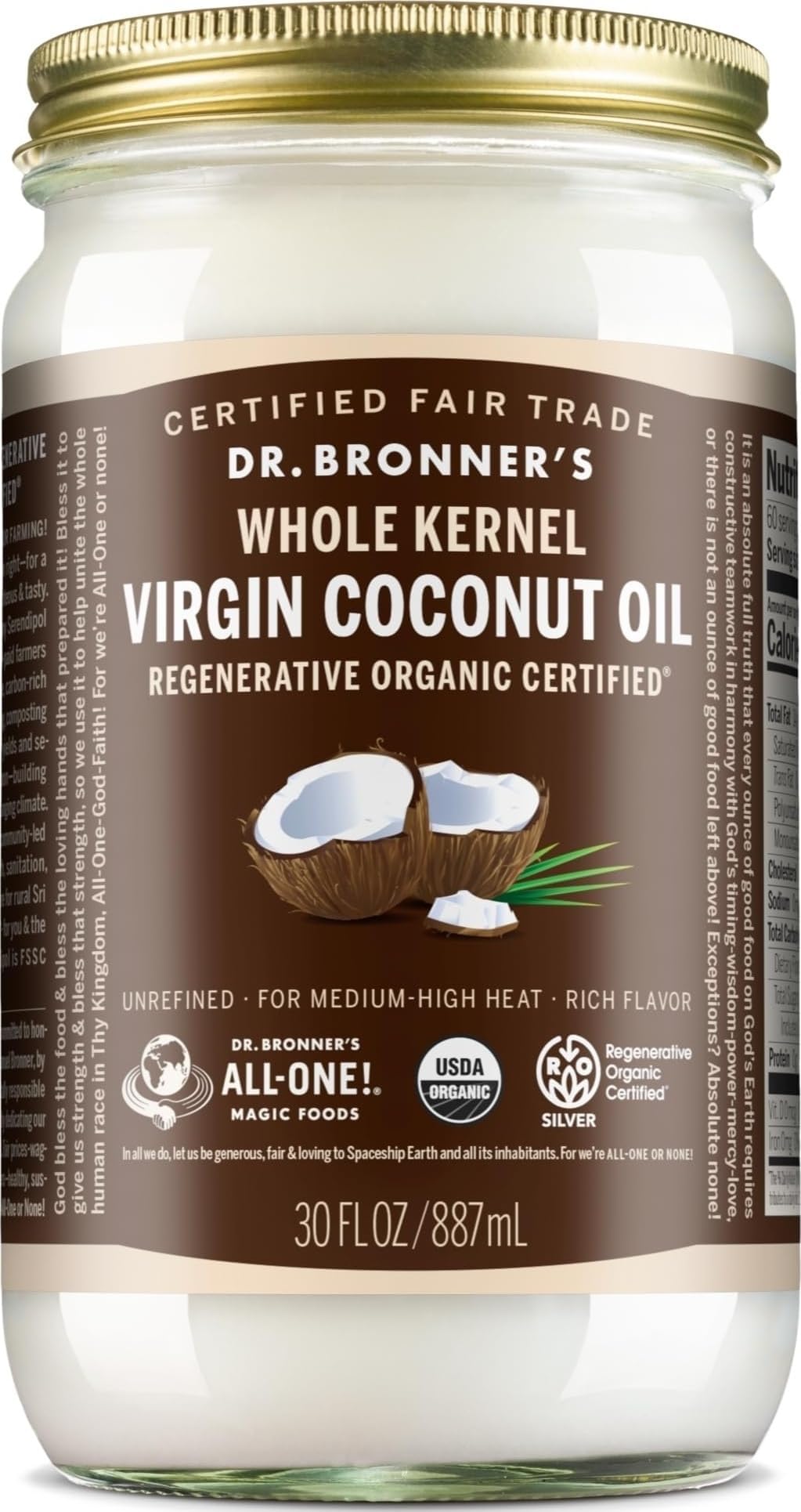 Dr. Bronner's - Organic Virgin Coconut Oil (Whole Kernel, 30 Ounce) - Coconut Oil for Cooking, Baking, Hair and Body, Unrefined and Fresh-Pressed, Rich and Nutty Flavor, Fair Trade, Vegan, Non-GMO