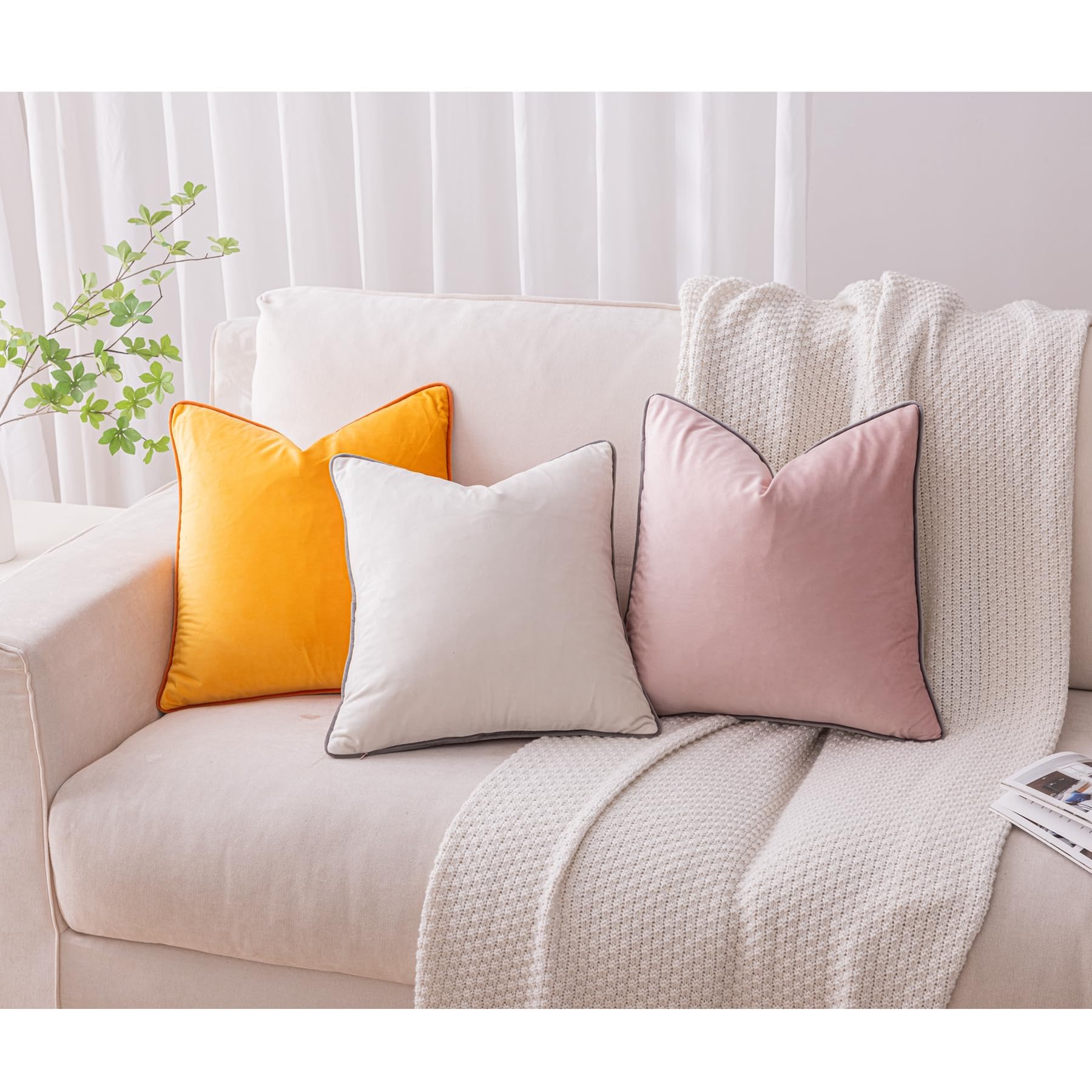 LIGICKY Set of 2 Velvet Throw Pillow Covers Modern Minimalist Style Solid Decorative Black Rope Edging Soft Square Cushion Cases for Sofa Bedroom Party Décor - Image 3