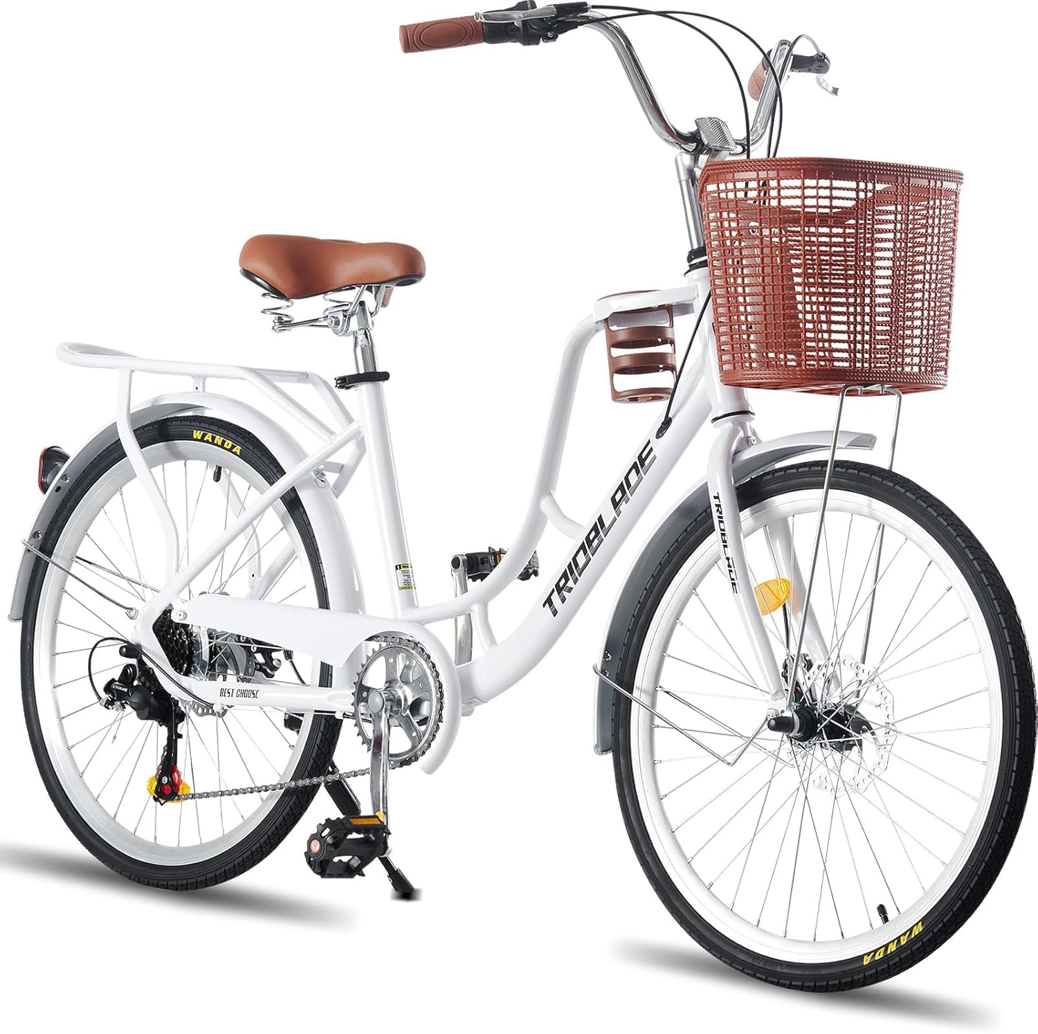 LSLIFE Damen Fahrrad mit Korb 24/26in 7 Geschwindigkeit Stadt Fahrrad Frauen Mädchen Komfort Fahrrad Leichter Rahmen Hybrid ScheibenbremsenLeichtes Pendlerrad Retro Fahrrad Urban Bike