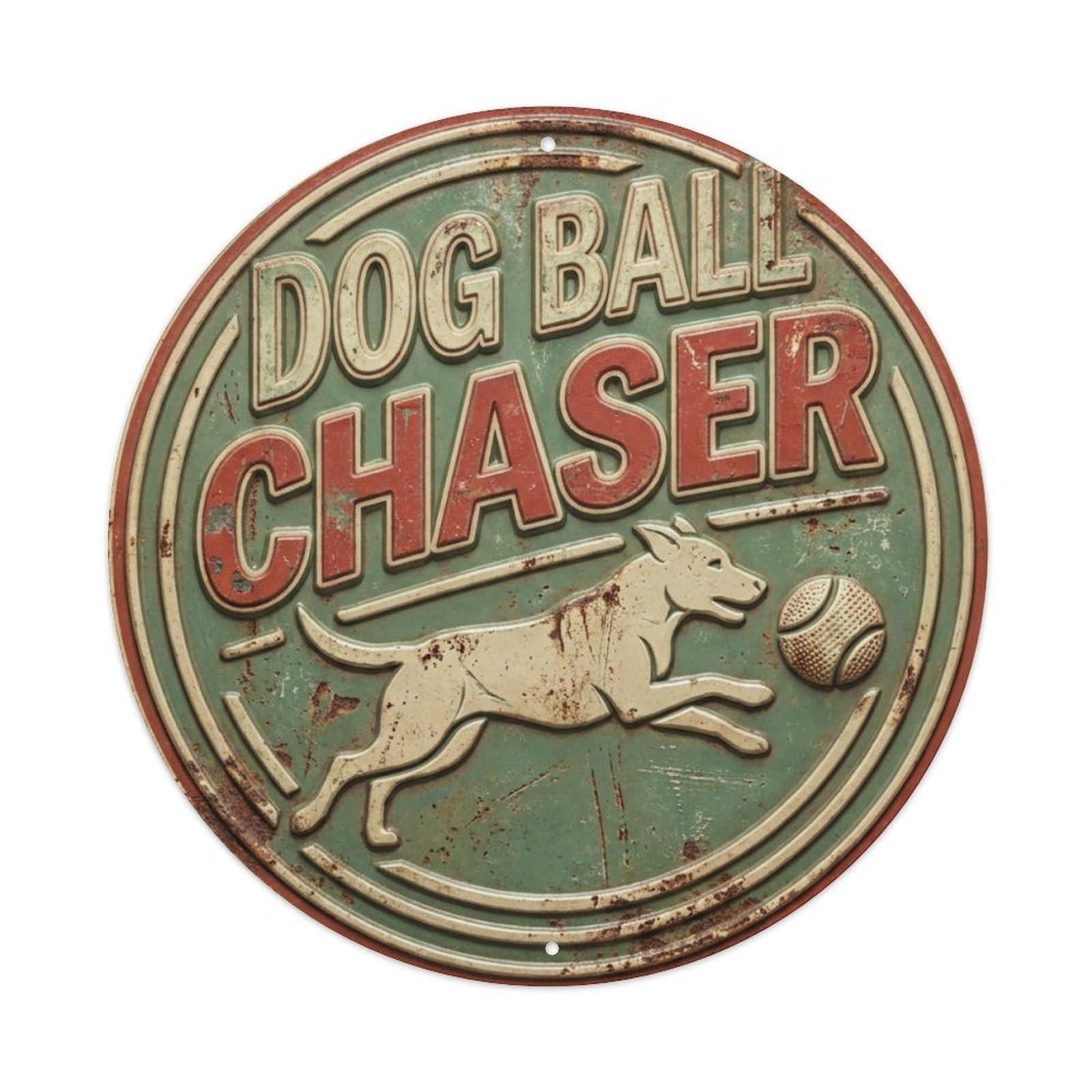 Dog Ball Chaser Woof Metal Tin Sign Plaque Wall Decor for Cafe, Club Bar, Office, Home Garden Round Metal Poster 8x8Inch