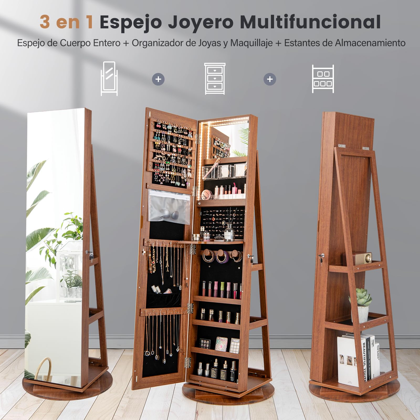 RELAX4LIFE Armario para joyas 3 en 1 con espejo LED giratorio 360° y 3 estantes (marrón)