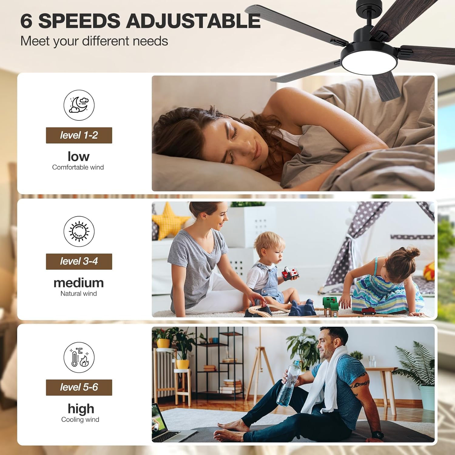 Image illustrating the four ways to control the NOPAARD 52 Inch Smart Ceiling Fan: Remote Control, Tuya APP Control, Voice Control (Alexa/Google Assistant), and Wall Control.