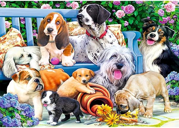 Trefl - Puzzle Cani in giardino - 1000 Elementi, cani, cani che giocano, panchina, giardino, incontro di cani, cane, puzzle fai da te, intrattenimento creativo, regalo, divertimento, puzzle classico - 2