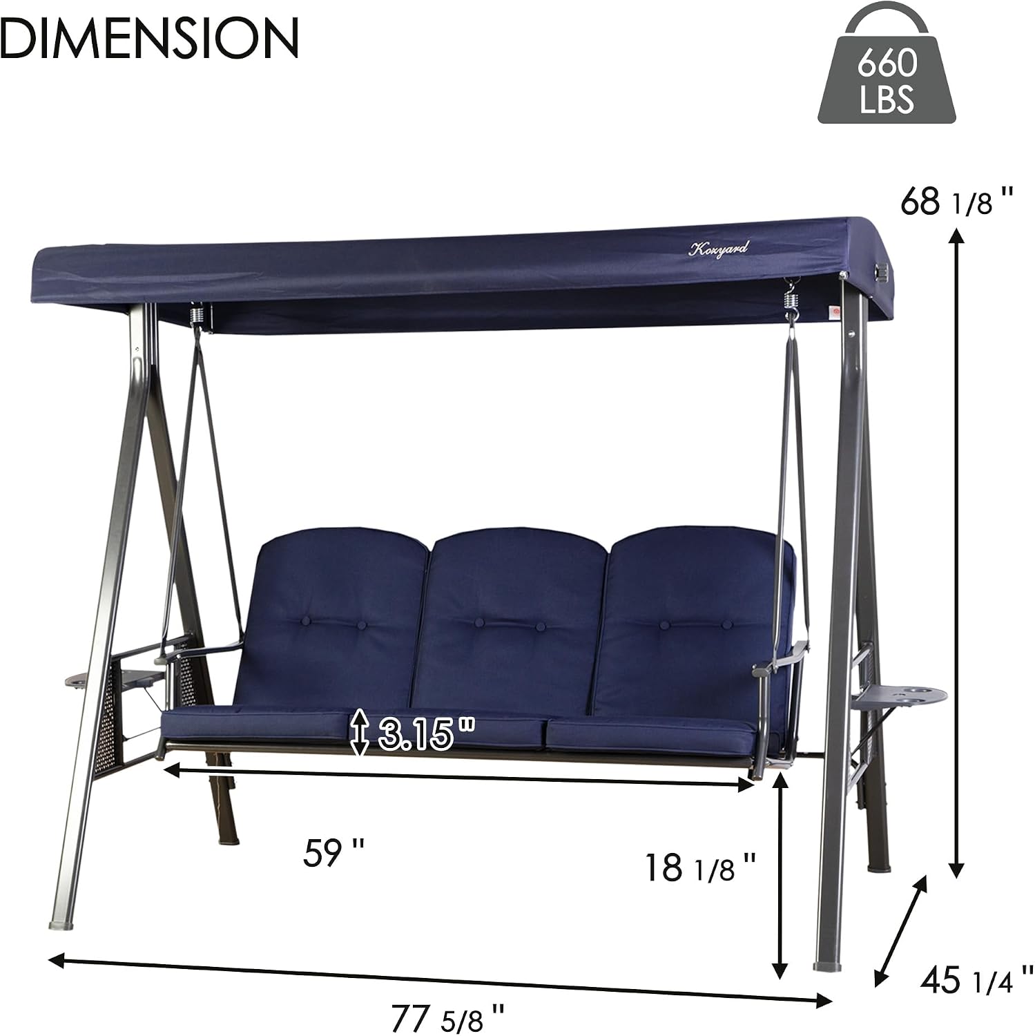 Kozyard Herbert Deluxe 3-Seat Patio Porch Swing Chair with Stand, Adjustable Canopy, Outdoor Freestanding Swing Chair for Backyard, Poolside, Balcony, Weather-Resistant, Navy Blue