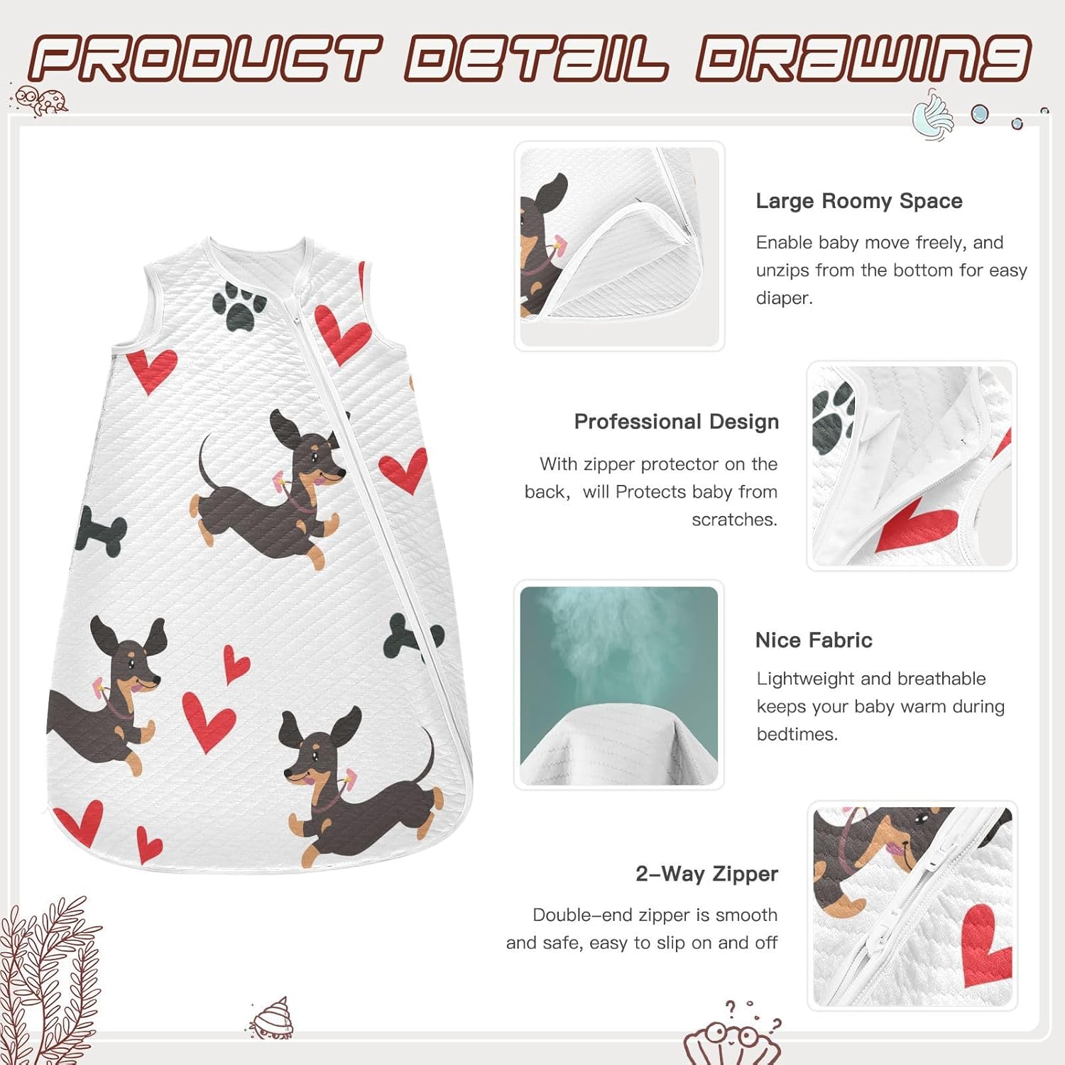 vvfelixl Dachshund Dog Running White Baby Wearable Blanket,Swaddle Transition Sleeping Bag for Infant,Sleep Sack for Newborn Babies,Sleep Suit for Toddler 6-12 Months