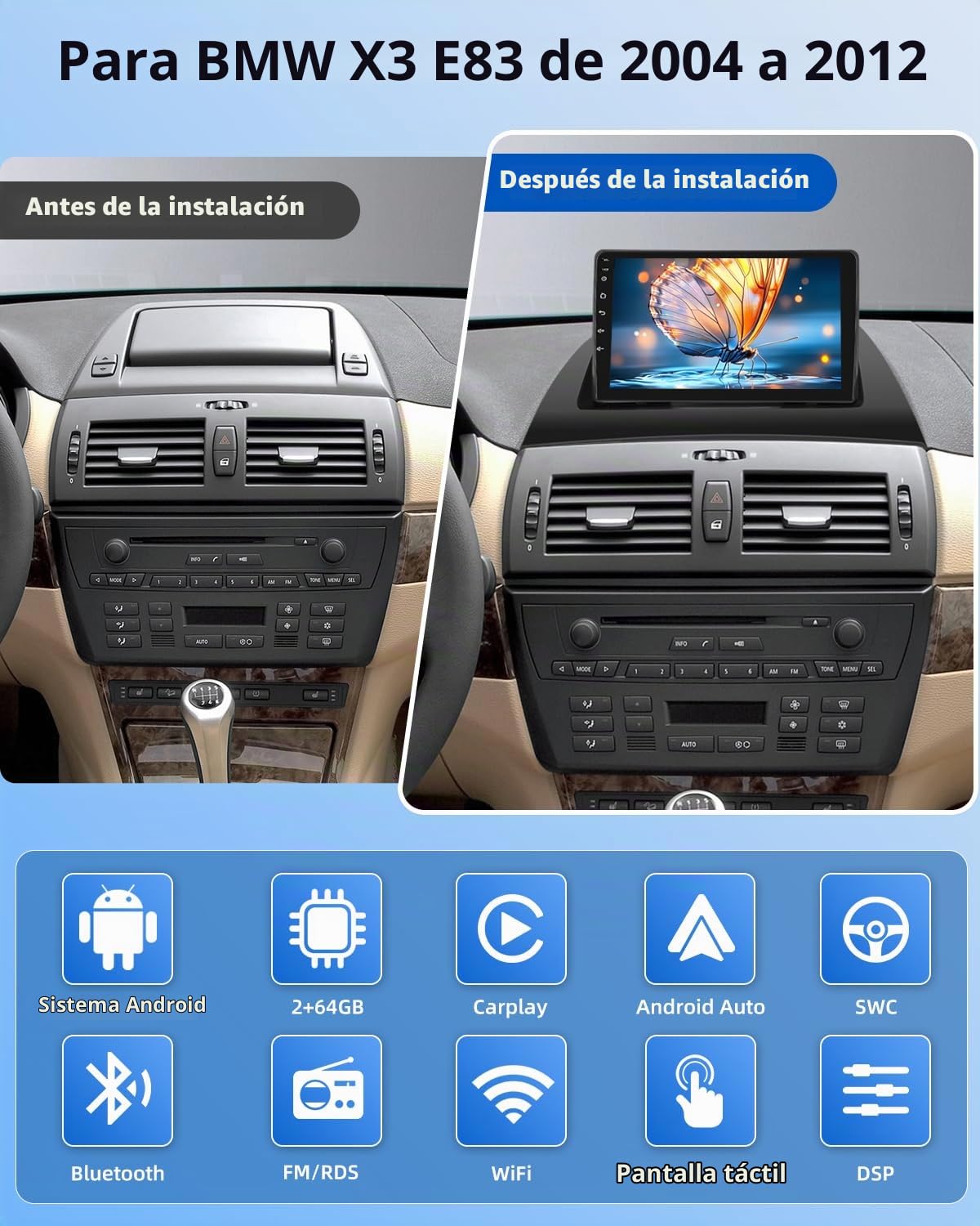 NHOPEEW 2G+64G Android Car Radio para BMW X3 E83 2004-2012 - Wireless Carplay & Android Auto - 9 Pulgadas Stereo con WiFi EQ GPS Mirror Link FM RDS + AHD Cámara de visión Trasera&Mic