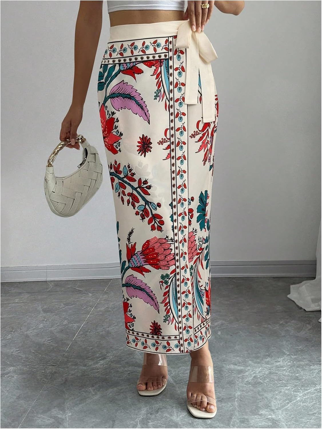 MakeMeChic Women's Boho Floral High Waist Skirt Wrap Tie Side Maxi Long Skirts