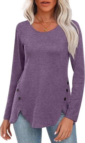 CATHY Womens Tops Dressy Casual Crew Neck Long Sleeve Shirts Button Side Tunic to Wear with Leggings