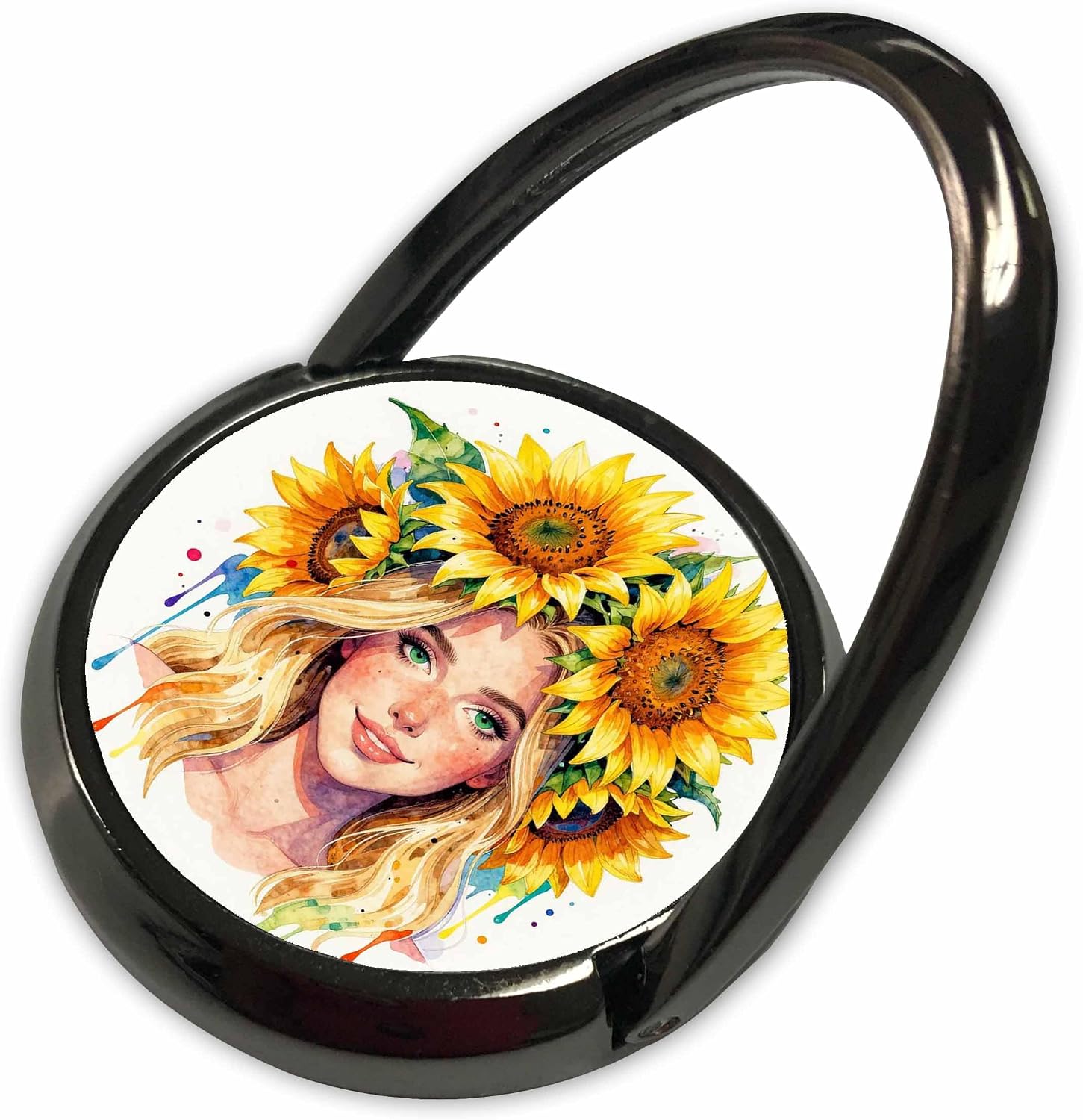 3dRose Happy Girl, Sunflower Wreath, Colorful Paint. Happy Summer Art Gift Phone Ring