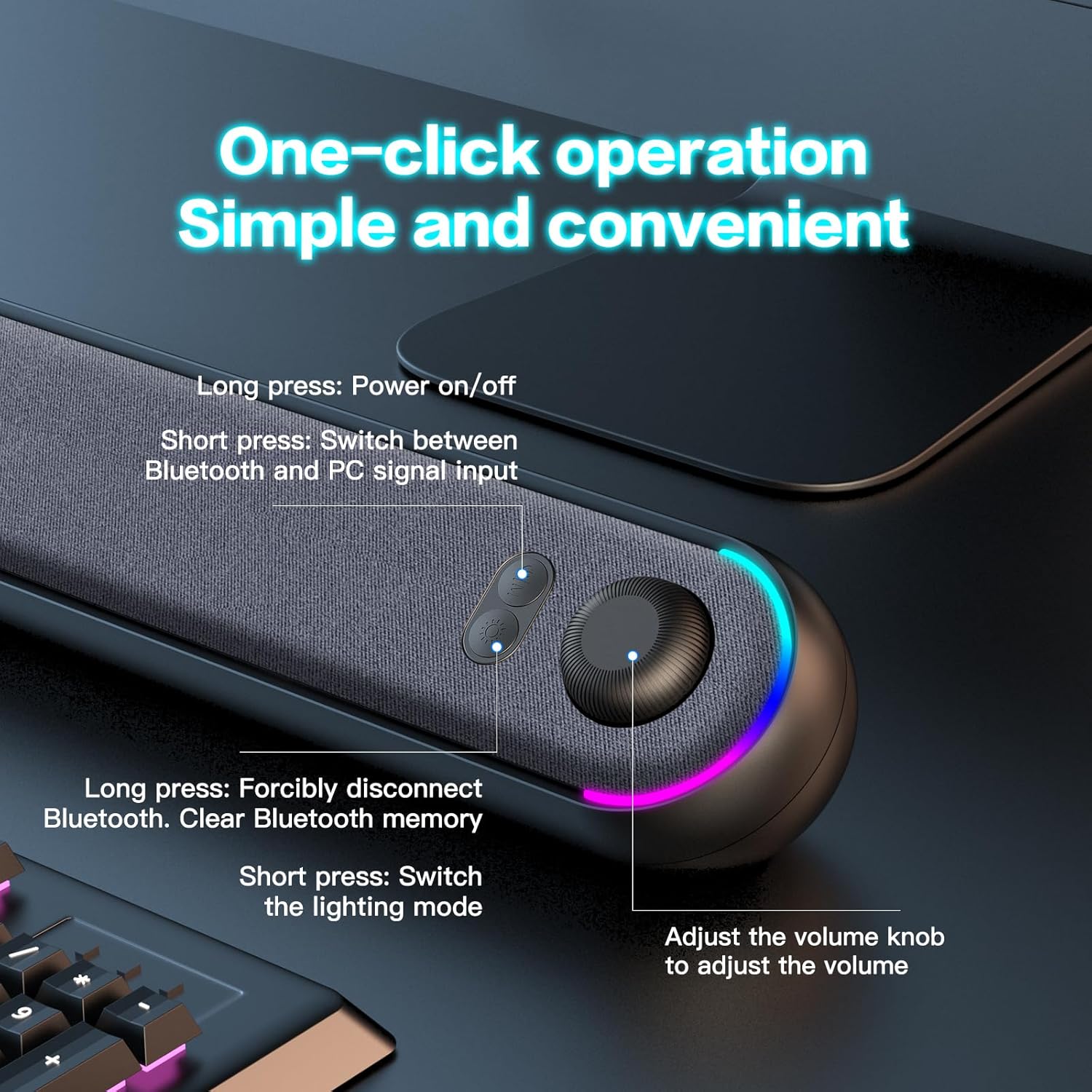Desktop computer speaker, soundbar, compatible with Mac, desktop, laptop, tablet, monitor, PC, and mobile phone; USB to Type-C power supply; Bluetooth connectivity; RGB lighting; wired gaming speaker