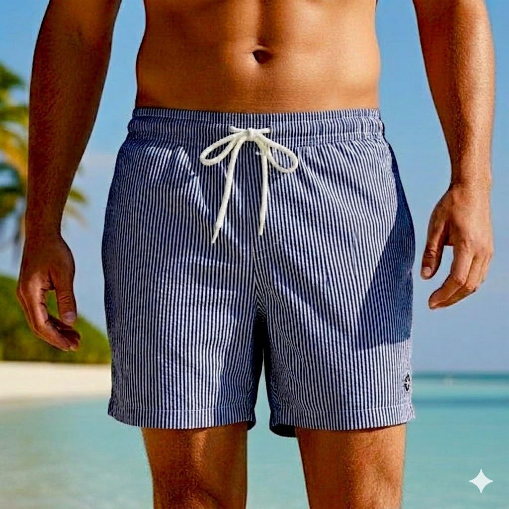 Short de Bain Homme Rayé Oslo | Maillot de Bain Style Marin Bleu et Blanc | Séchage Rapide, Doublure Filet et Poche Velcro. Taille M ou L