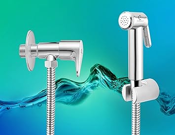 CUROVIT Axel ABS Health Faucet & Zinc Torrent Angle Valve Pack of 2 Silver Color Chrome Finish with ABS Holder and 1 m Stainless Steel Extra Heavy Flexible Pipe for Toilet Seat