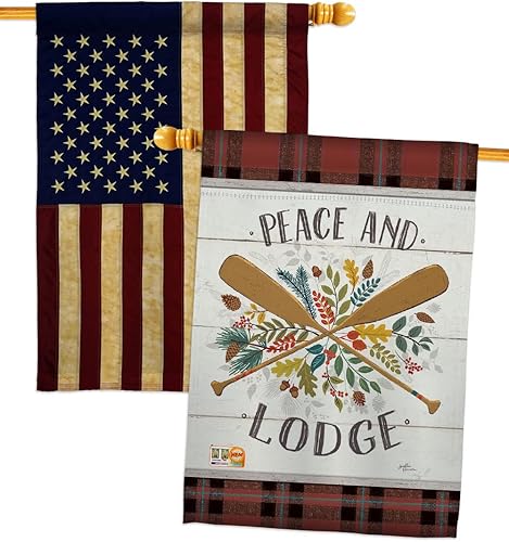 Breeze Decor Peace and Lodge House Flags Pack Outdoor Rustic Lake Cabin Moose Wildlife Adventure Forest USA Vintage Applique Small Decorative Gift