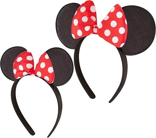 Disney Minnie Mouse Ears Adult Set of 2 Headbands for Mommy and Me Matching for Adult and Little Girl Oro, Destellos rosados, Puntos rosados, Rojo