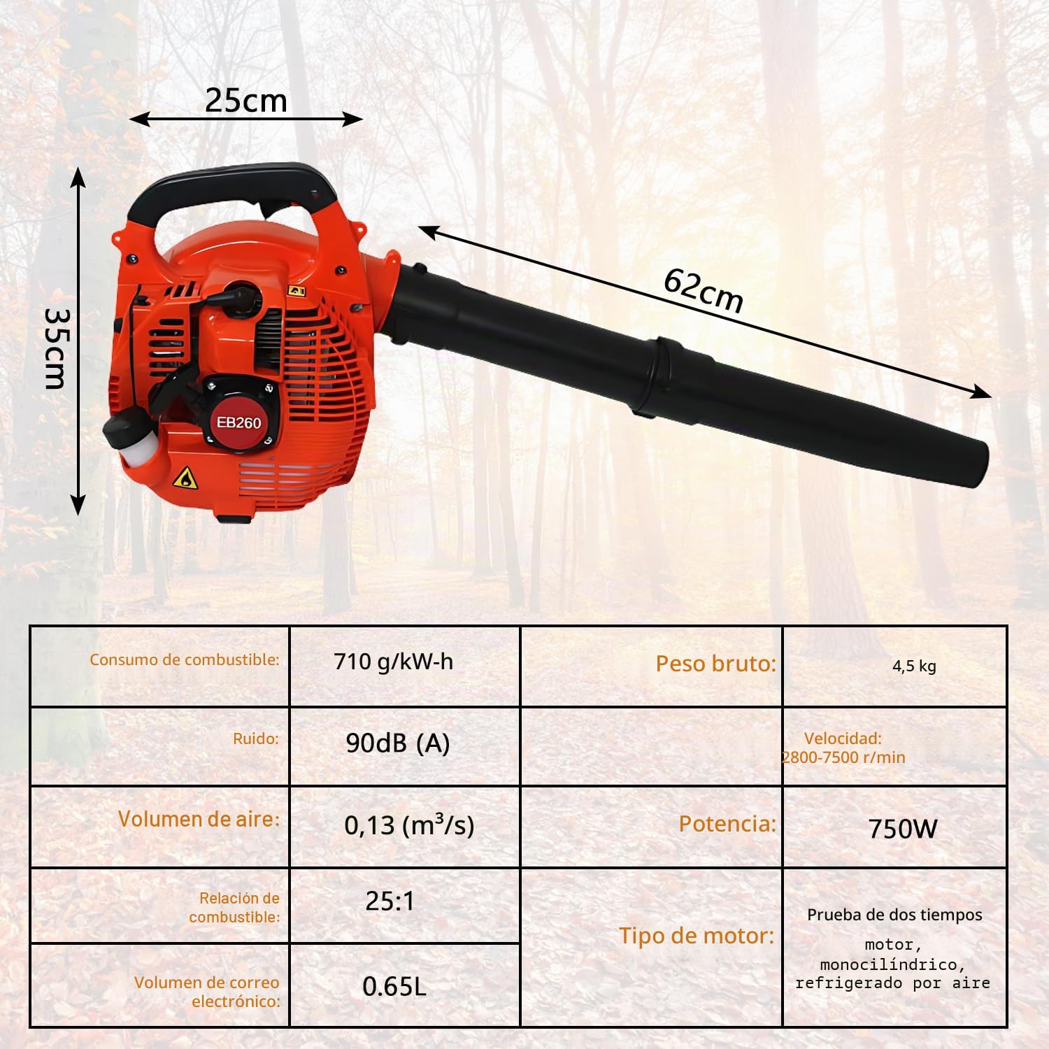 26 CC Soplador de hojas a gasolina portátil inalámbrico, potente motor de 2 tiempos refrigerado por aire - 7500 rpm / 0,75 kW, ligero, para limpieza de hojas, nieve y polvo