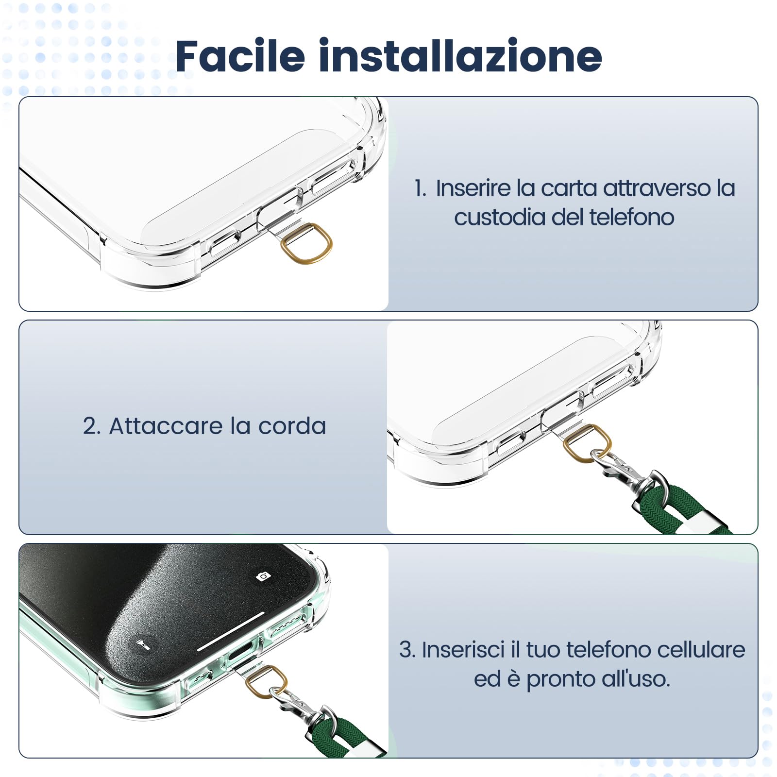caslord Cordino per Cellulare*1, Trasparente Patch Universali*2, Adatto a Tutti Gli Smartphone, Cinturino per Cellulare Abbinabile a Qualsiasi Custodia, Regolabile e Rimovibile - Verde scuro