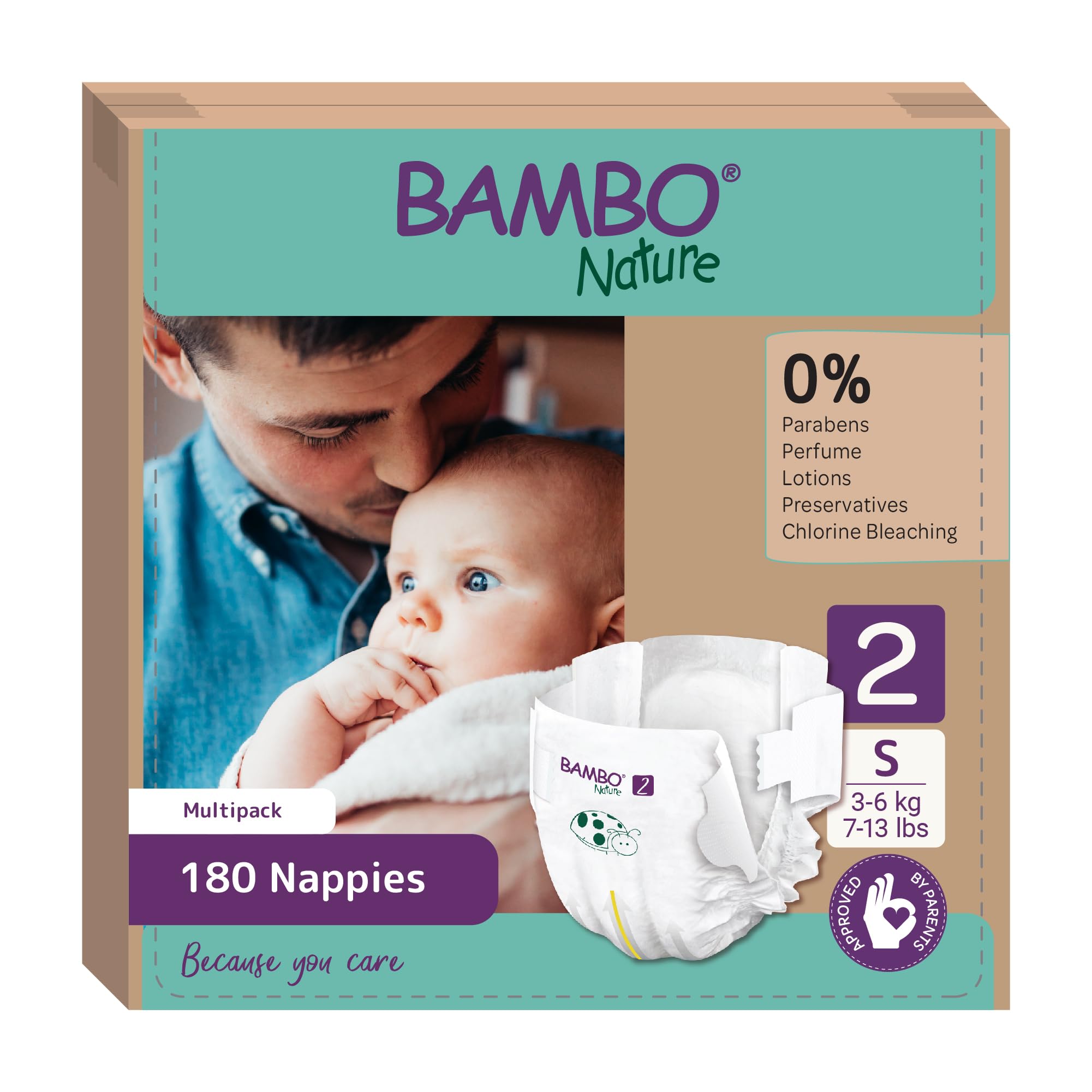 Bambo Nature Premium Eco Nappies, Size 2 Nappies (7-13lb/3-6kg), Mini, 180PK Eco-Labelled Nappy, Enhanced Leakage Protection, Secure and Comfortable Baby Nappies