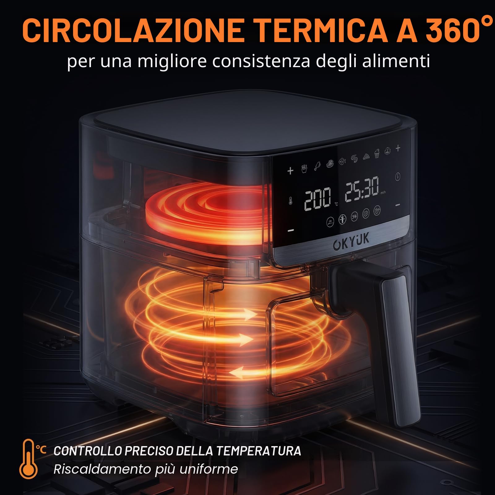 OKYUK Friggitrice ad aria 6L - Air Fryer, senza olio con interno in metallo, friggitrice ad aria calda, 8 programmi, display digitale a LED, timer, facile da usare, 80-200 °C