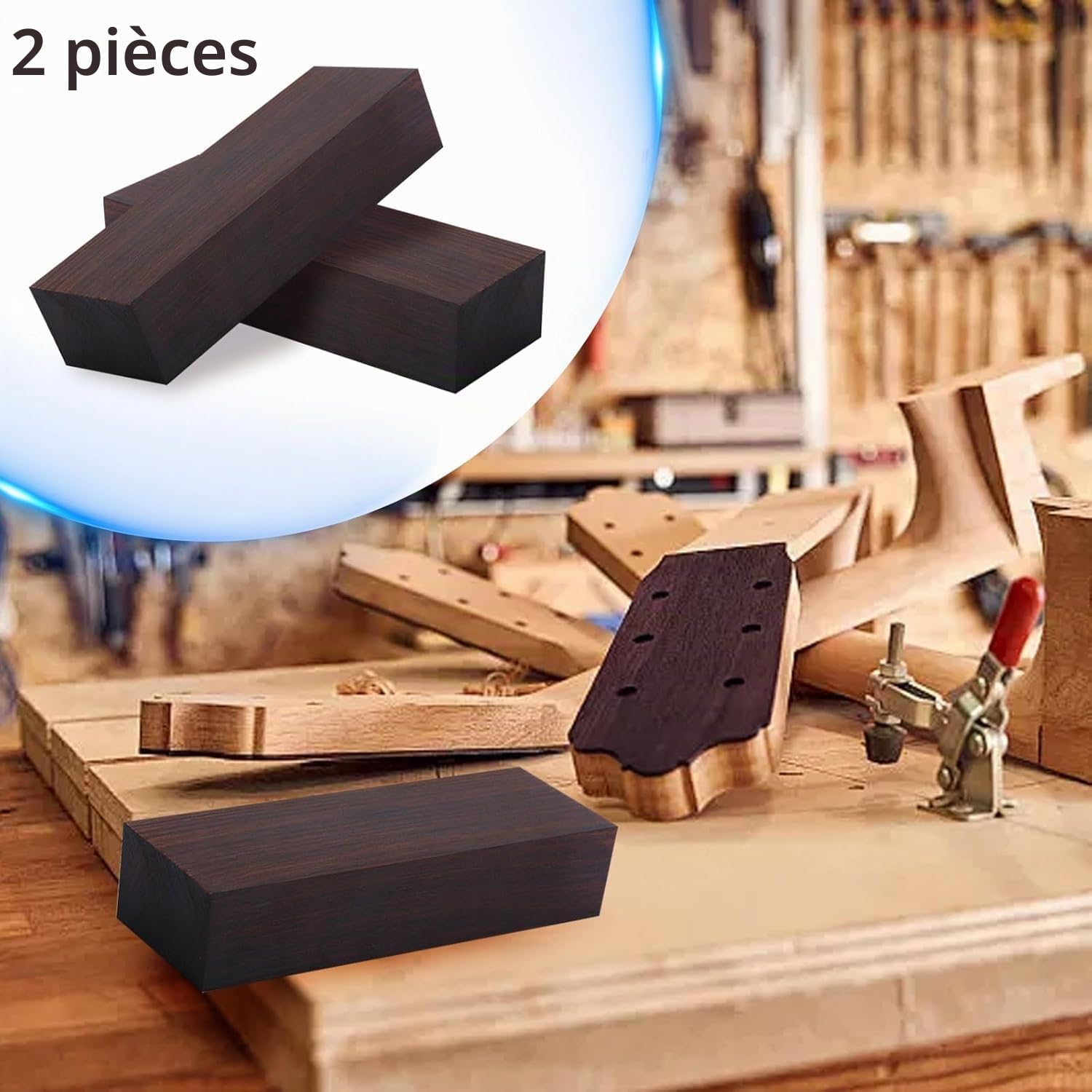 2 blocs de bois d'ébène à faire soi-même, matériau de bricolagnoir vierge poignées en ébène 12 x 4 x 2,5 cm, bois d'ébène vierge pour la fabrication d'accessoires d'instruments de musique en ébène