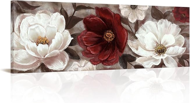 RyounoArt Red and Brown Flower Wall Art Burgundy Red Floral Canvas Painting Pictures Maroon Bedroom Wall Decor Framed 16Hx 48W inches