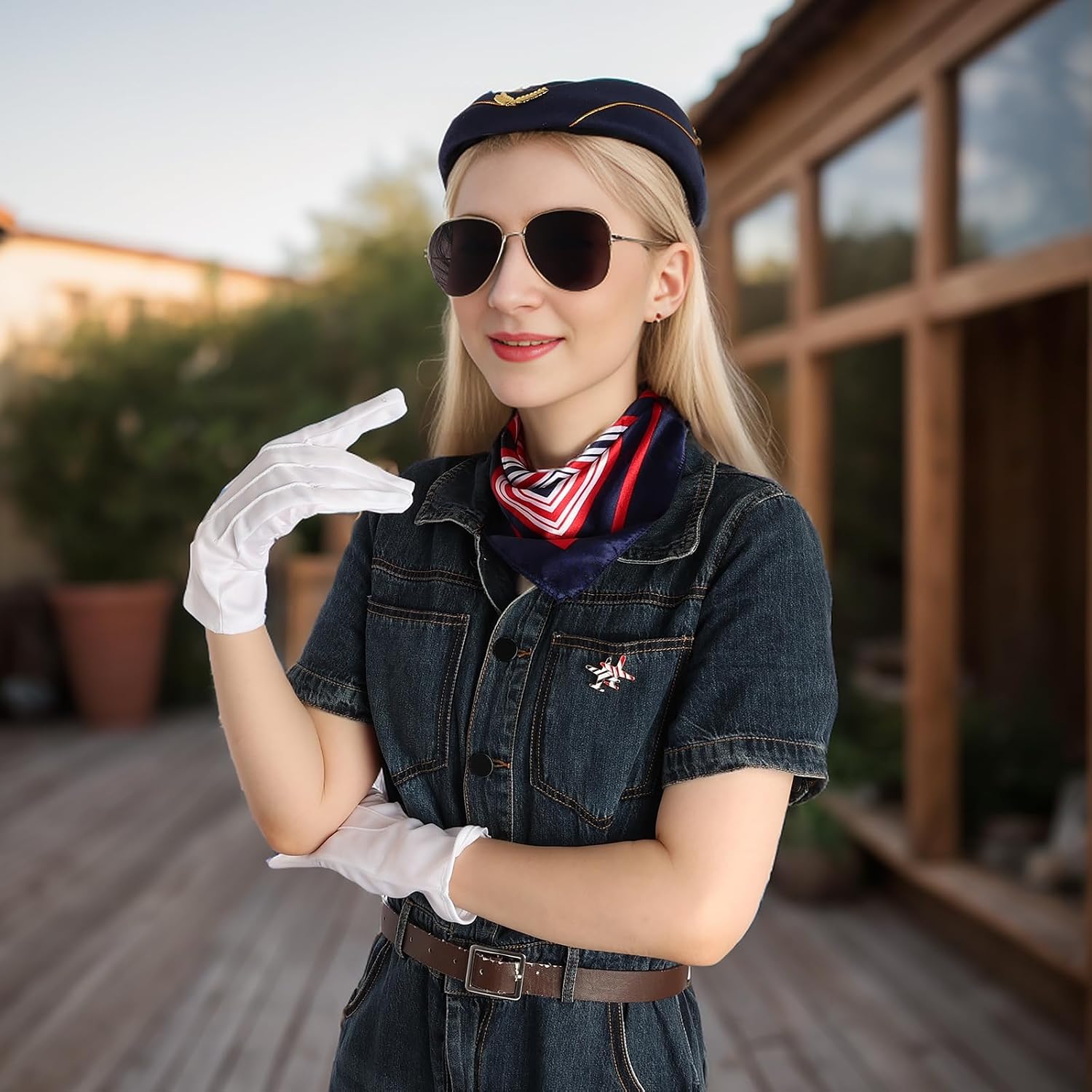 5 Pcs Flight Attendant Costume Accessories Women Airline Stewardess Outfits Flight Attendant Hat Pin Sunglasses Scarf Gloves