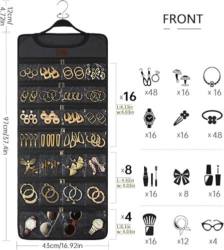 Miniatura 7 de SMRITI Organizador de joyas colgante con bolsillos dobles con cremallera lona giratoria de doble cara collar organizador de pared para colgar aretes