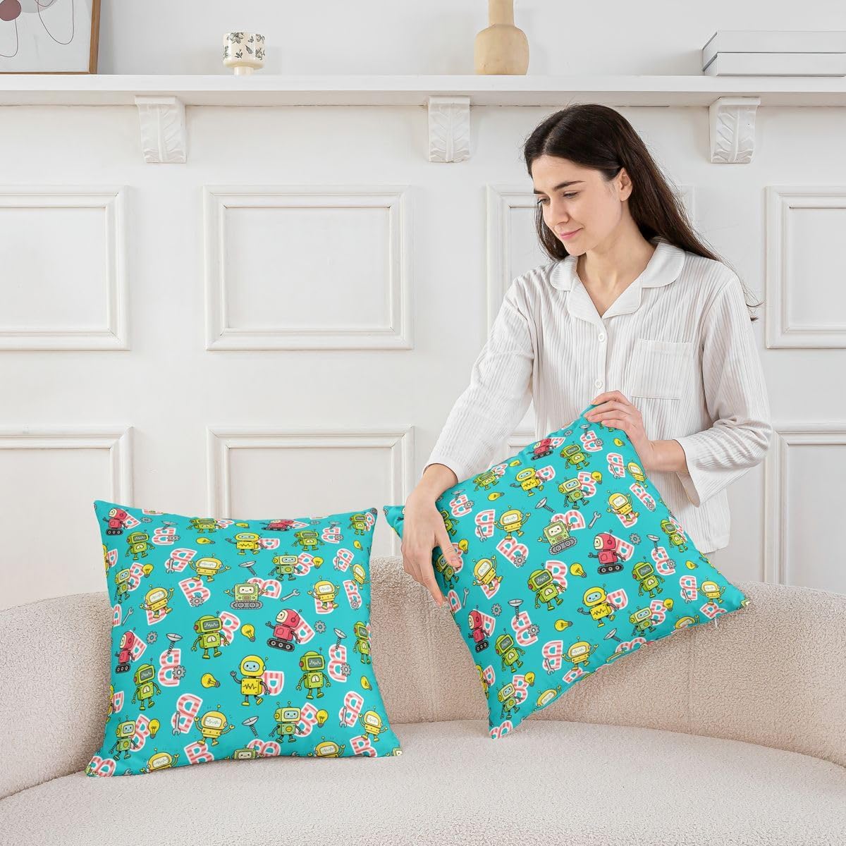 Castle Fairy Robot Kids Throw Pillow Cover,Cute Screw Tools Double Sides Pillow Case,Initial Letter B Home Decor,Teal Green Yellow Bed Couch Sofa Cushion Cover,4 Pack 20"x20" image 2