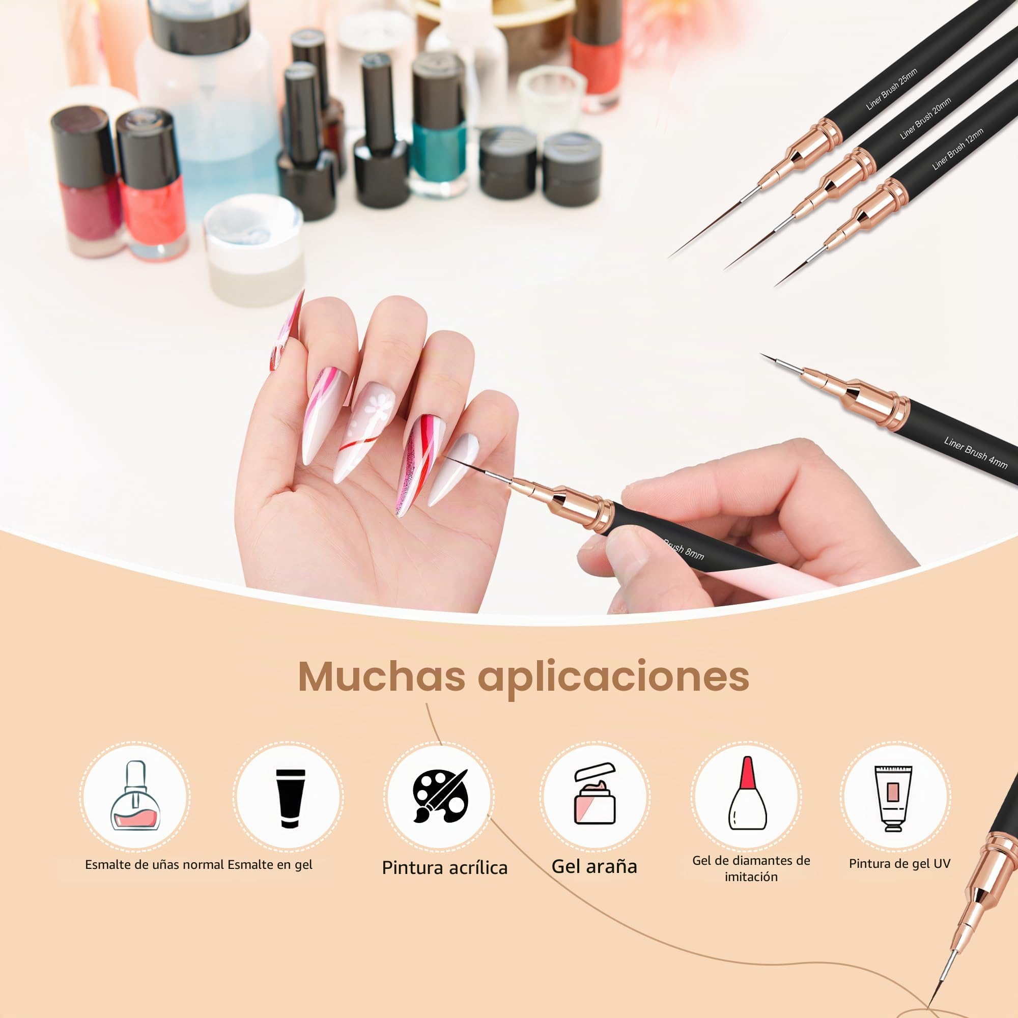 Juego de 5 pinceles para decoración de uñas, juego de pinceles de diseño artístico de pintura, detalles finos, tamaños de dibujo fino 4/8/12/20/25 mm, negro