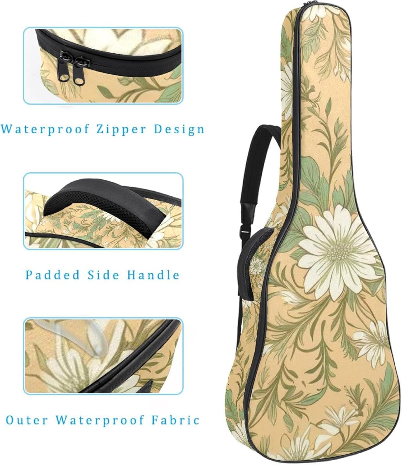 40/41/42-inch Aesthetic Leaves Acoustic Guitar Bag With Adjustable Shoulder Strap And 2 Storage Bags. Guitar Bag With Back Hanging Loop, Electric, and Classical Guitars