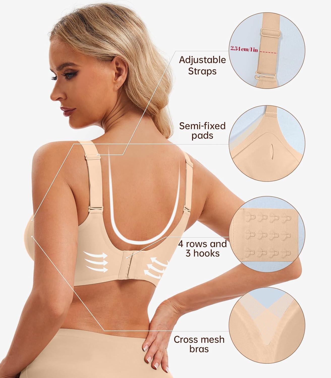 Women's Wireless Bras Full Coverage V Mesh Padded Bralette No Underwire Seamless Comfortable Everyday Bra - Image 4