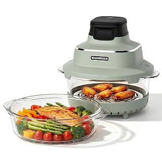 MAGNIFIQUE Glass Air Fryer, Non Toxic Air Fryer with 4.5QT & 2.5QT Glass Pots, Borosilicate, Stainless Steel, Air Fry, Bake, Re-Crisp & MaxCrisp, Olive - Amazon product rated Grade A