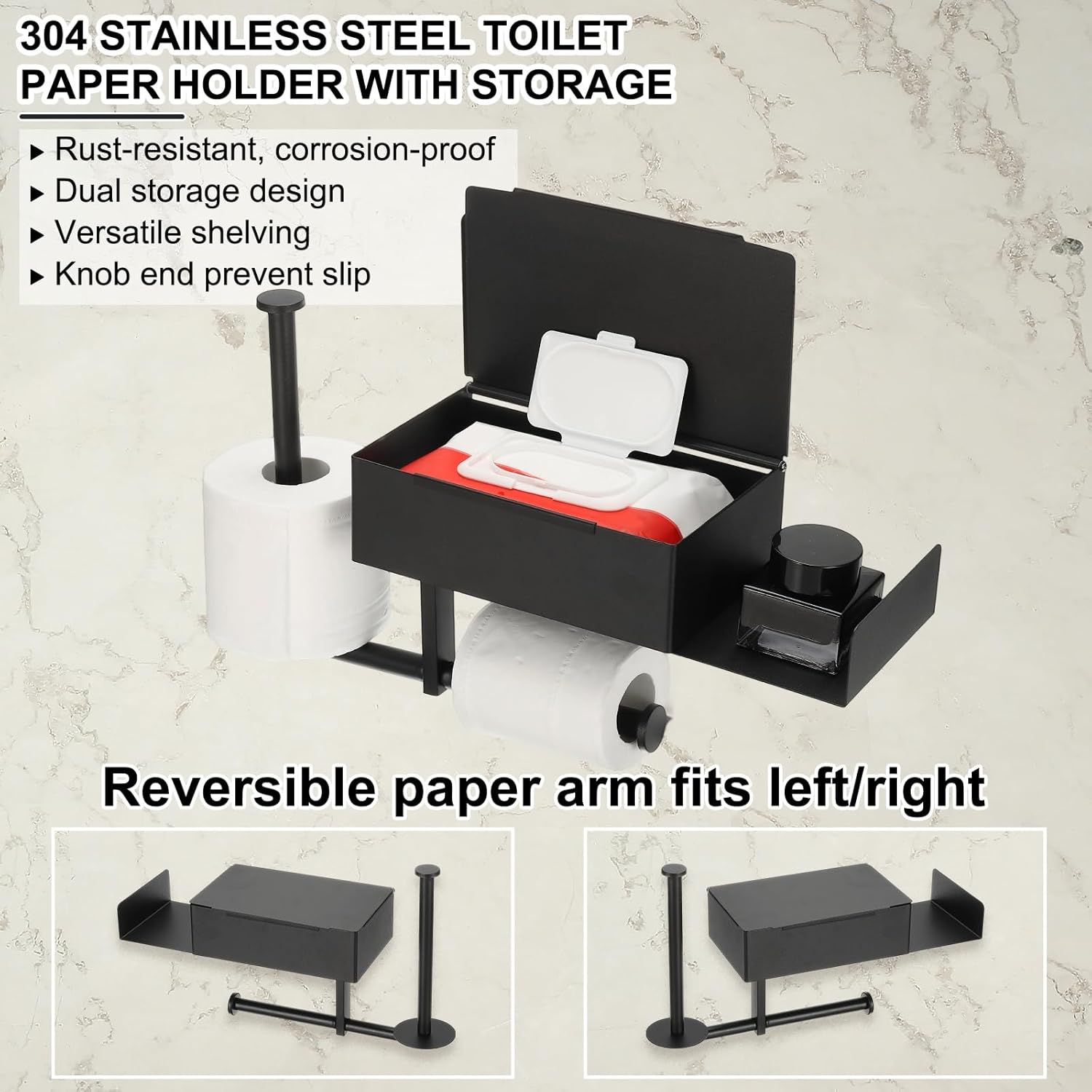 uxcell Toilet Paper Holder with Storage, 304 Stainless Steel Adhesive Wall Mounted Toilet Roll Holder with Extension Shelf for 2 Rolls, Wipes Dispenser for Bathroom Organizer(Black)