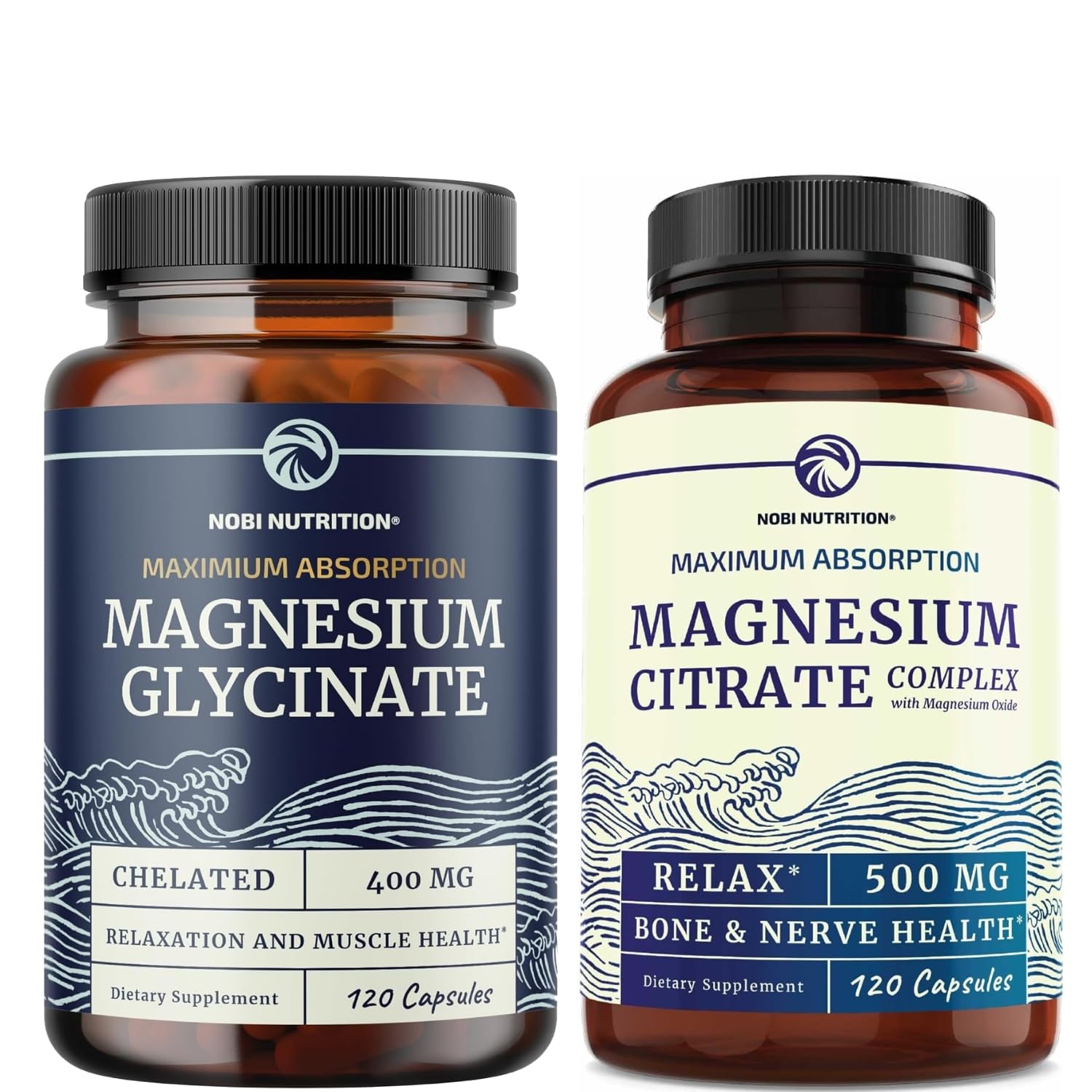 Magnesium Glycinate 400mg (120ct) & Magnesium Citrate 500 MG (120ct) | High Absorption, Calm, Relaxation, Digestion & Muscle Support | Non-GMO Magnesium Complex Bundle