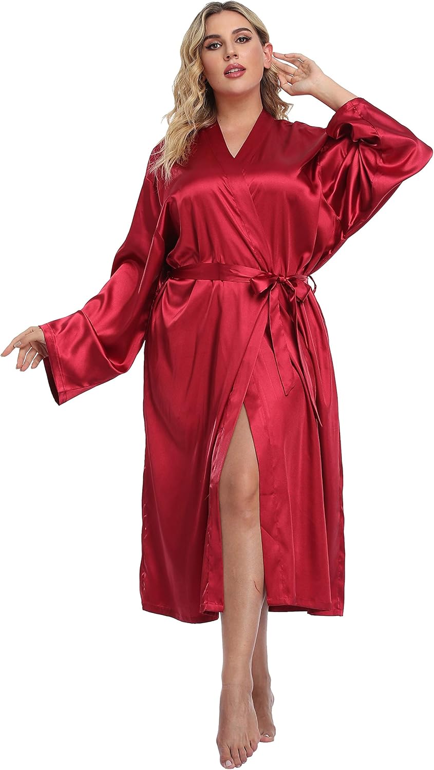 Women's Plus Size Satin Kimono Robes Long Silky Bathrobe Lightweight Sleepwear Wedding Dressing Gown
