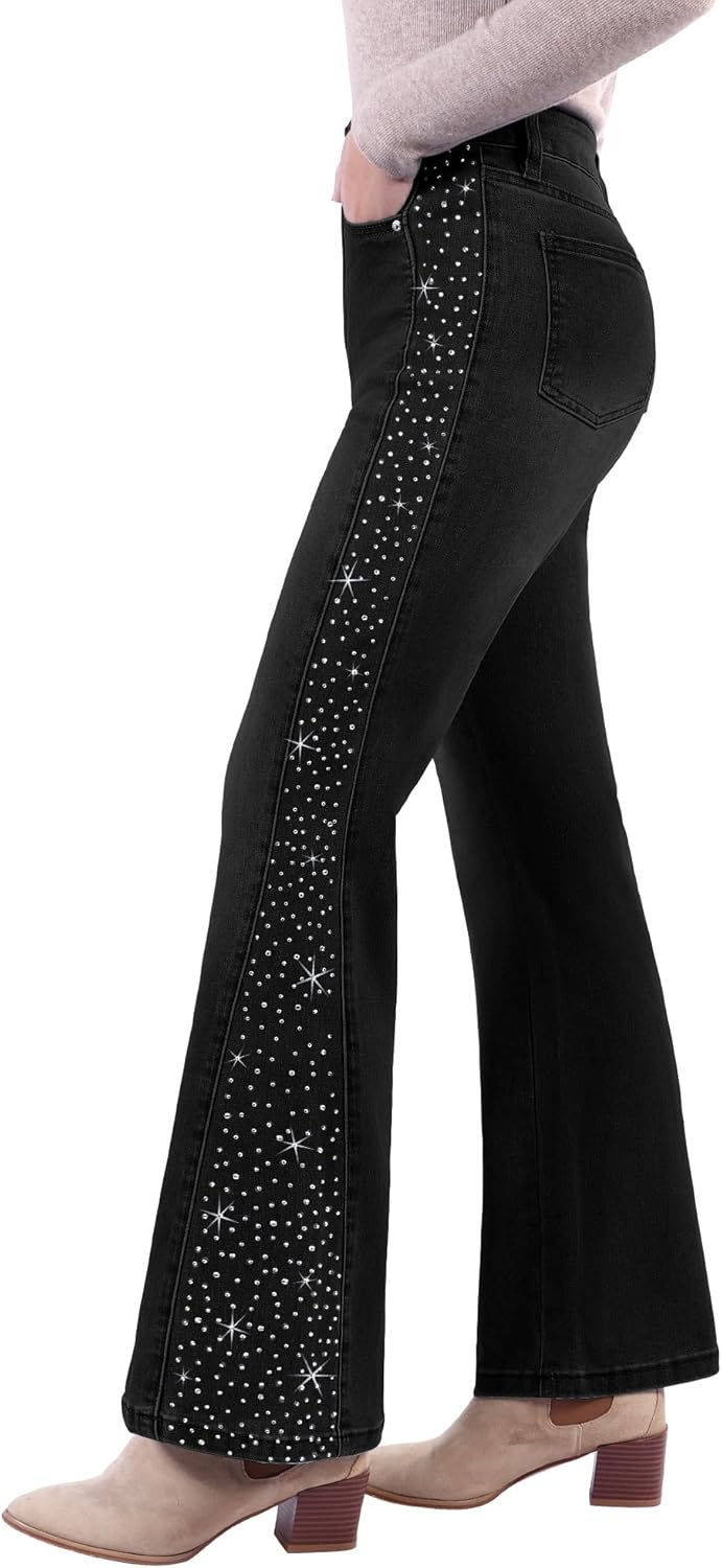 GRAPENT Flare Jeans for Women High Waisted Trendy Wide Leg Embellished Rhinestone Sparkly Concert Stretchy Denim Pants