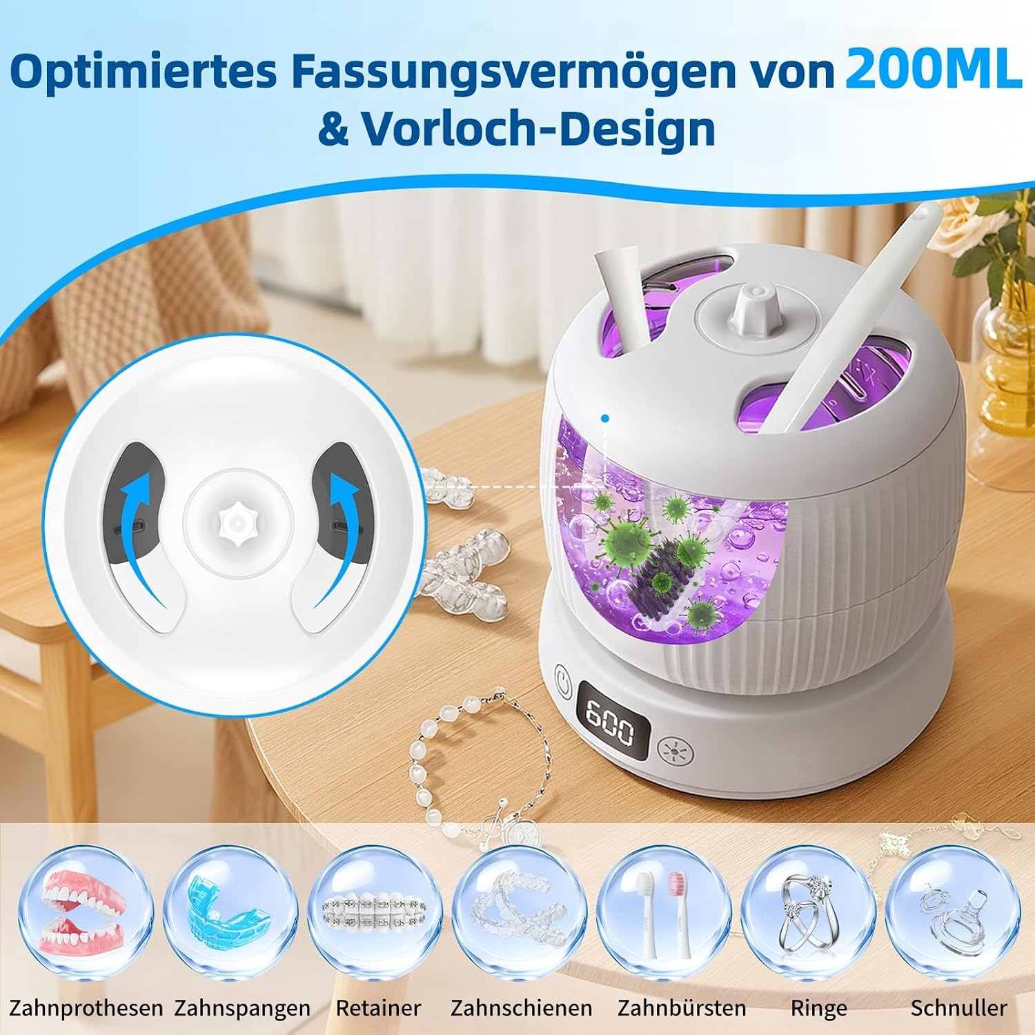 Ultraschallreinigungsgerät, Ultraschallreiniger | 45000Hz | 200ML | Ultrasonic Cleaner Dental Pod mit UV-Lampe | für Zahnschiene, Retainer, Aligner, Zahnprothesen Zahnbürste und Schmuck - 2