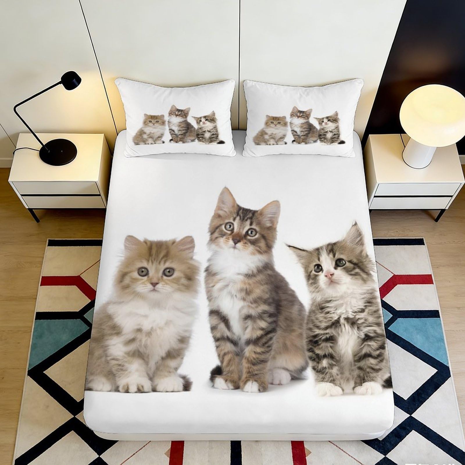 3D Printed Cat Fitted Sheet Microfiber Deep Pocket Non-Slip Bedroom Bedding Cat Mattress Fitted Cover All Ages Washable Full Wrap Protection 200x200x25cm 90x200x25cm