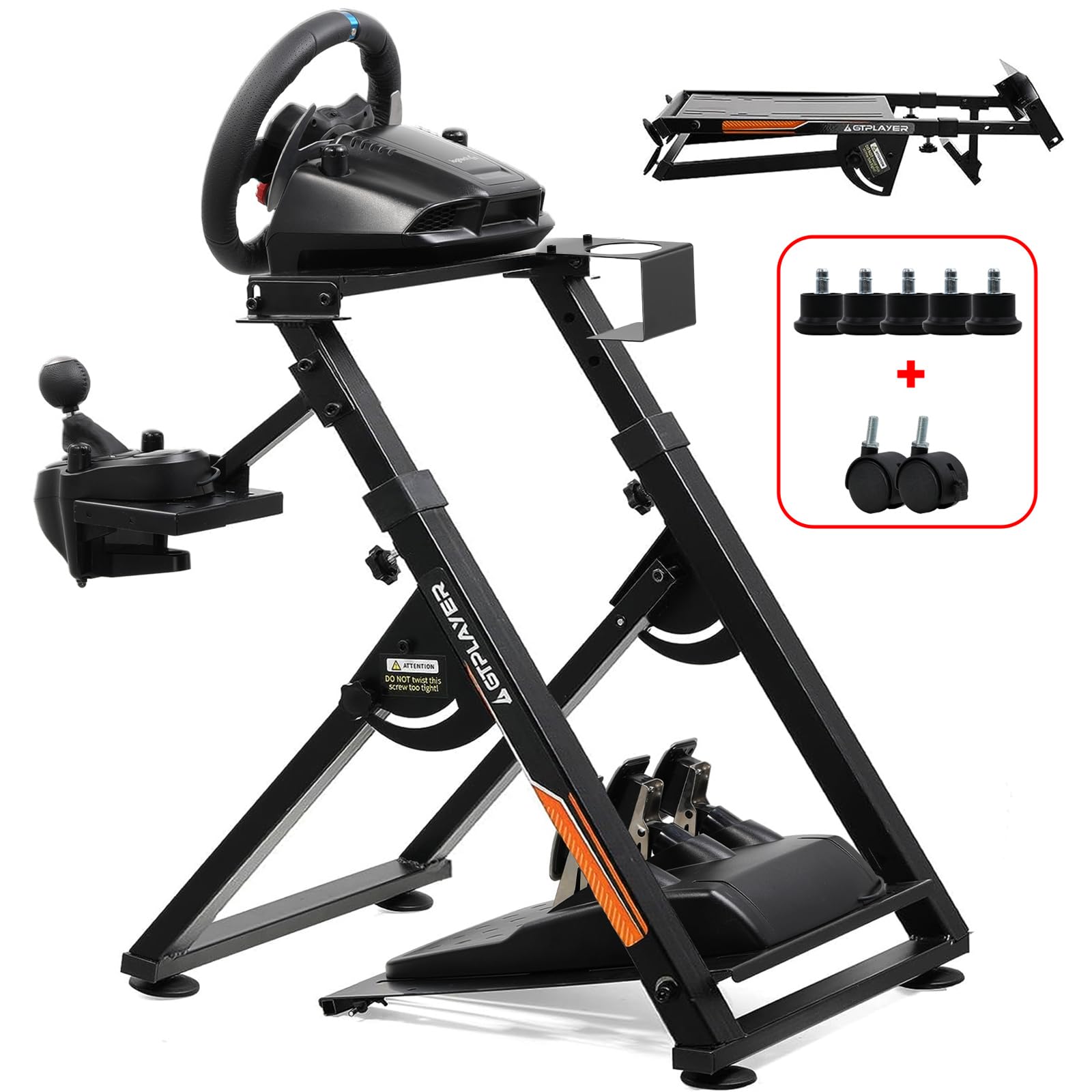 GTPLAYER Steering Wheel Stand for G25 G27 G29 G920 Foldable Racing Wheel Stand with Cup Holder Adjustable Height/Angle, Driving Simulator Gaming Wheel Stand Orange
