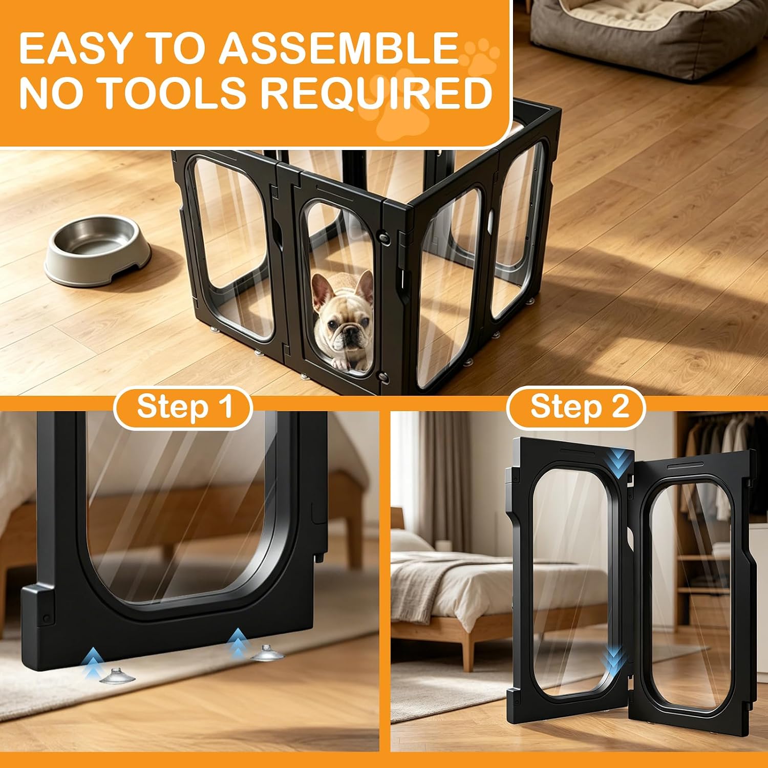 Acrylic Dog Playpen, 8-Panel Clear Transparent Puppy Playpen for Small Dogs Indoor Outdoor, Easy Assembly Foldable Pet Exercise Pen with Locking Door (Black, 25.6 INCH, 10 Panels) image 3