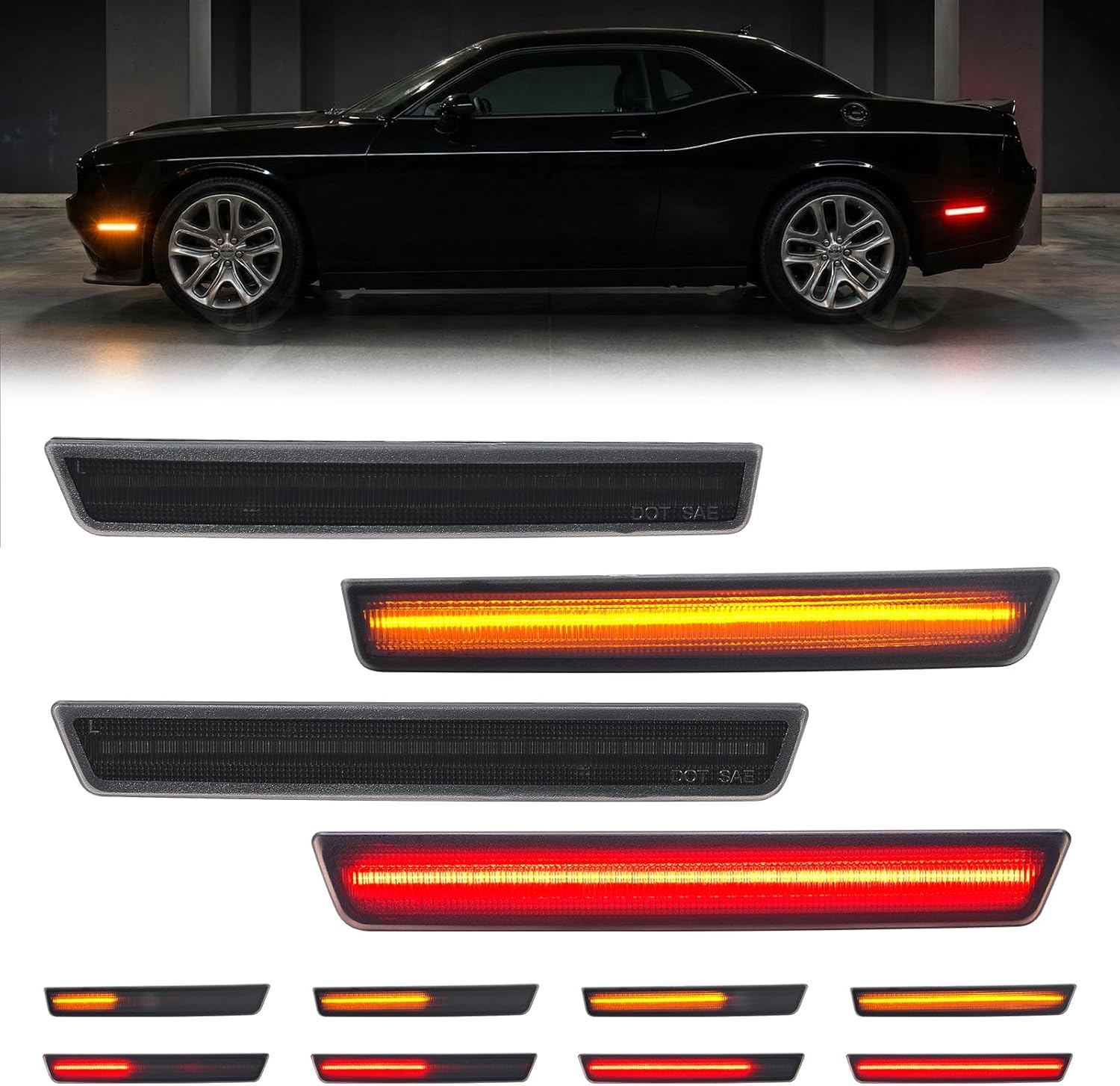 4PCS Front Rear Dynamic Amber Red LED Side Marker Lights for Dodge Challenger 2015-2022, Smoked Lens Challenger Bumper Turn Signal Reflector Lamp