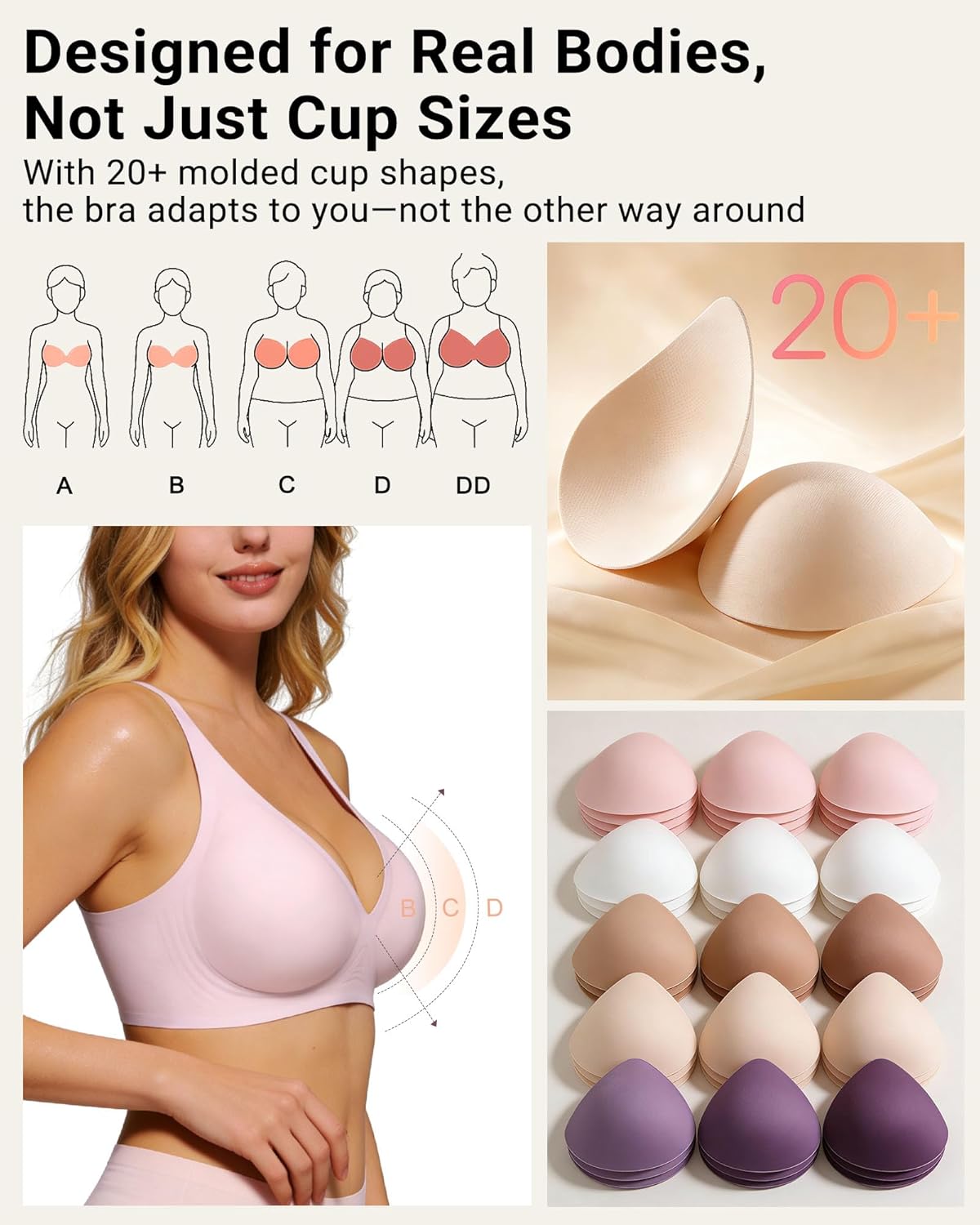 As Fairy 2026 Deep V Wireless Push Up Bras for Women Soft Support Bra with Lift Comfortable T-Shirt Bra for Daily Wear
