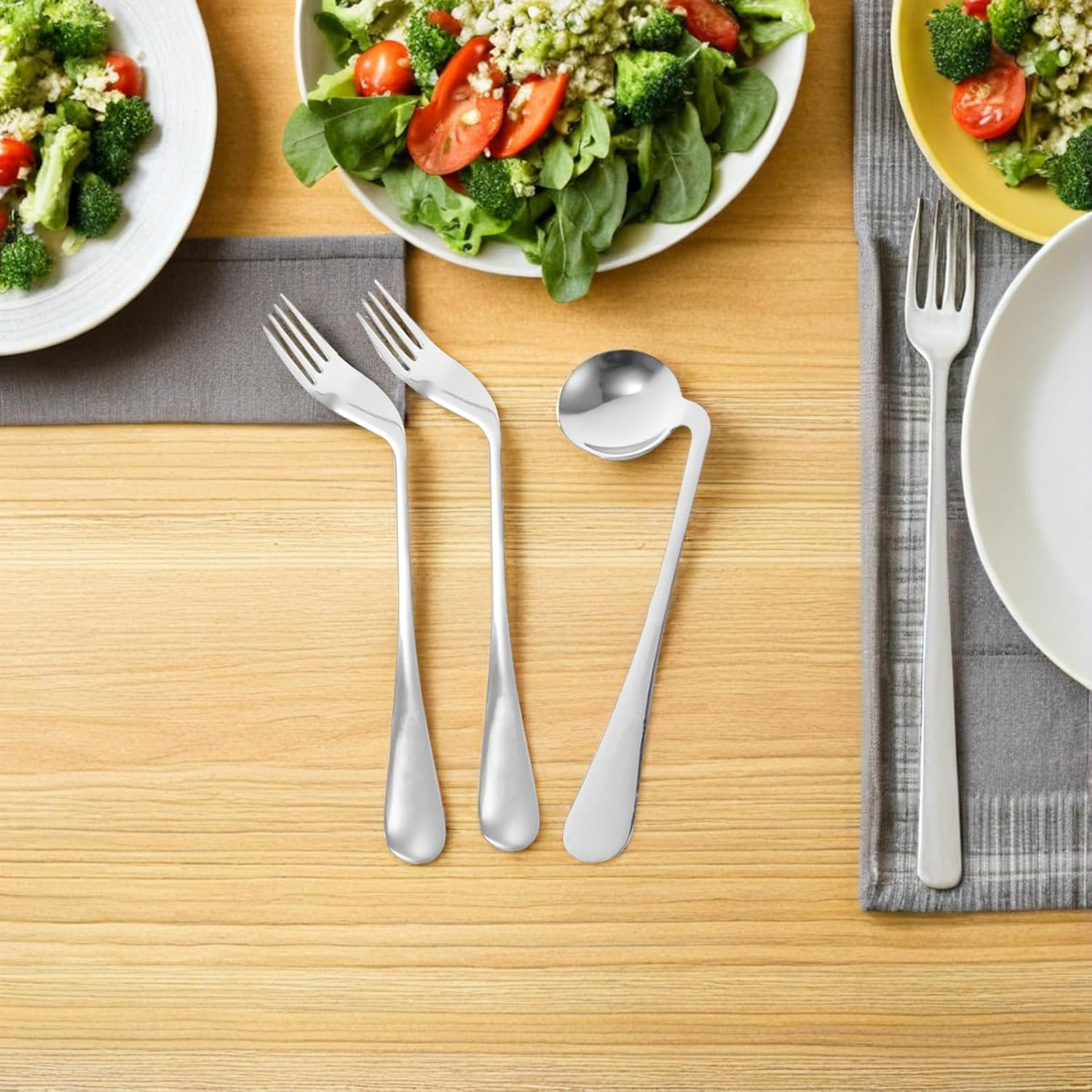 OUNONA Ergonomic Angled Spoon and Fork for Right Handed Disabled Adults Stainless Steel Curved Feeding Utensils with Non Slip Handle for Easy Self Feeding and Daily Use Adaptive Tableware