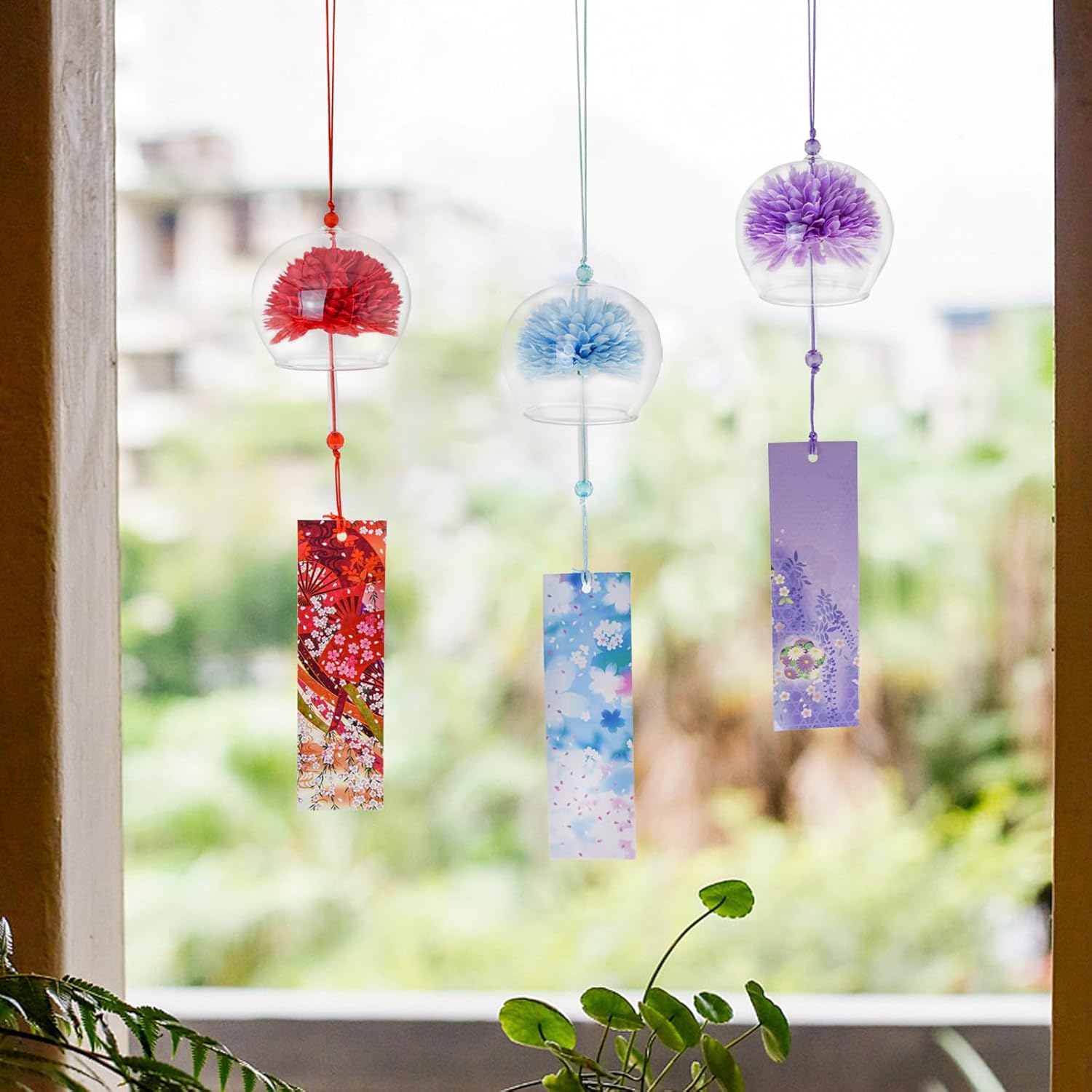 MrMrKura 6 Pcs Japanese Wind Chimes, Colorful Glass Wind Chimes with Label Handmade Bell Wind Chime Pendent for Outside Garden Patio Home Decor (Flower)