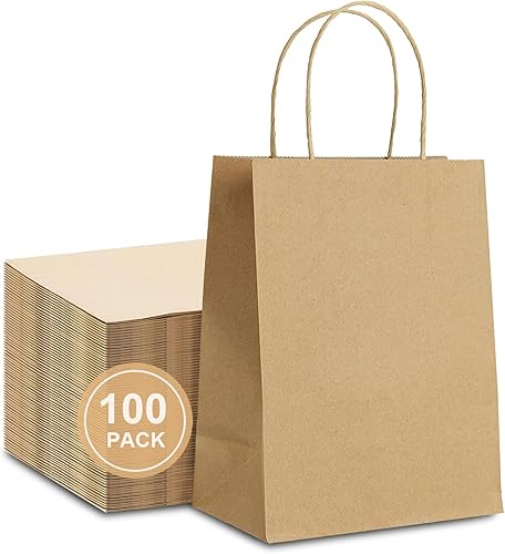 CAYUENG Bolsas de papel kraft de 10 x 5 x 13 pulgadas, 100 bolsas de regalo marrones con asas, bolsas de papel liso para compras, bolsas de papel