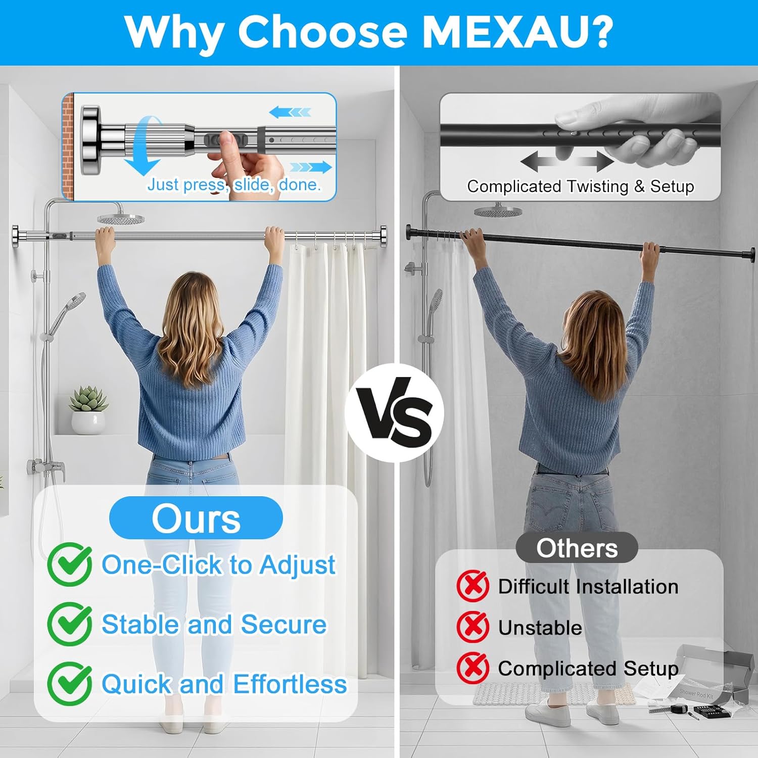 MEXAU Silver Tension Curtain Rods for Windows 41-146 Inches Heavy Duty Tension Rod Adjustable Curtain Rods No Drilling for Bathroom Living Room Outdoor Patio Hold Up Blackout Curtains and Non Slip 41-146in-1 Pack Silver