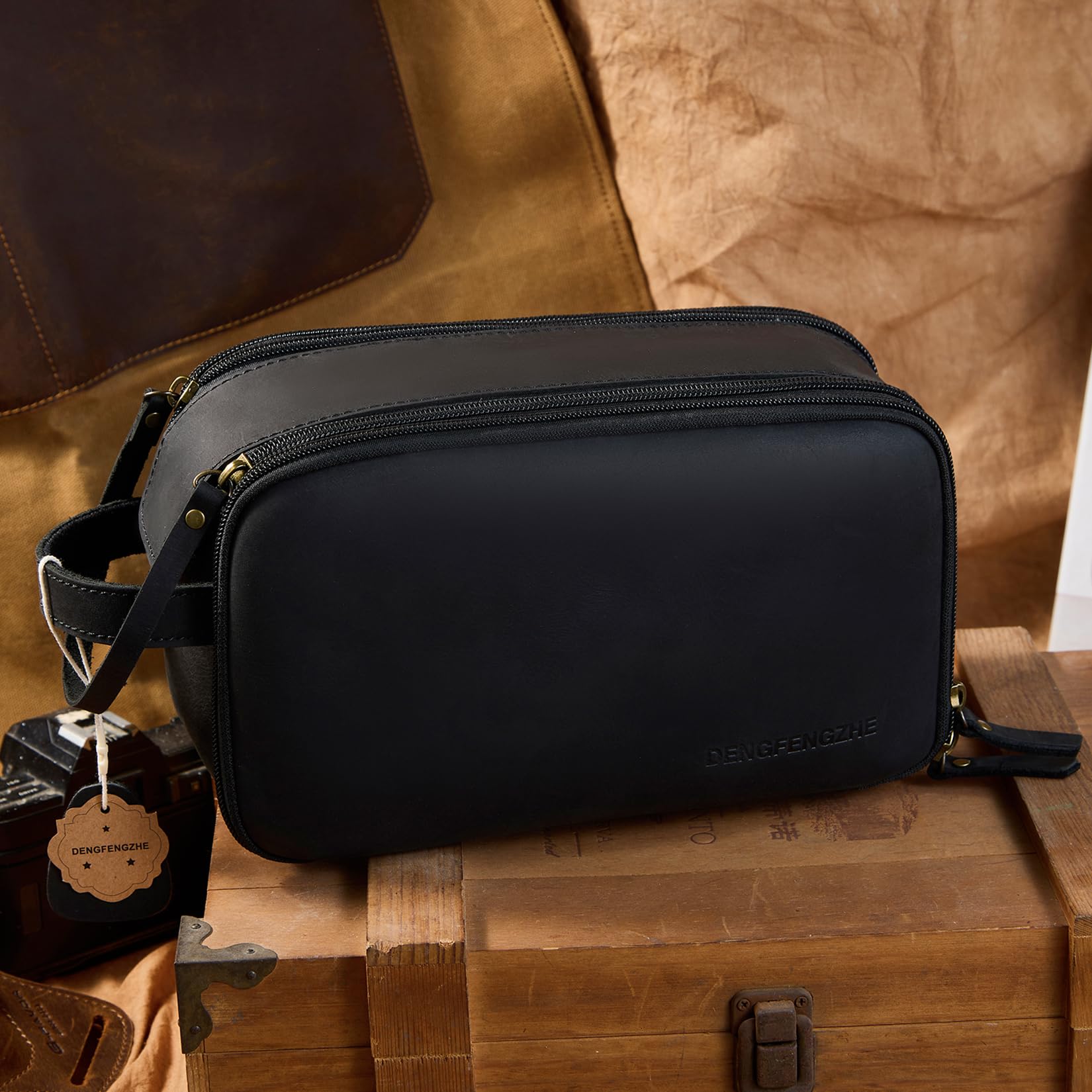 Beauty case da uomo, in pelle pieno fiore, borsa da viaggio per rasatura, kit per articoli da toeletta da bagno, nero, Beauty case da viaggio