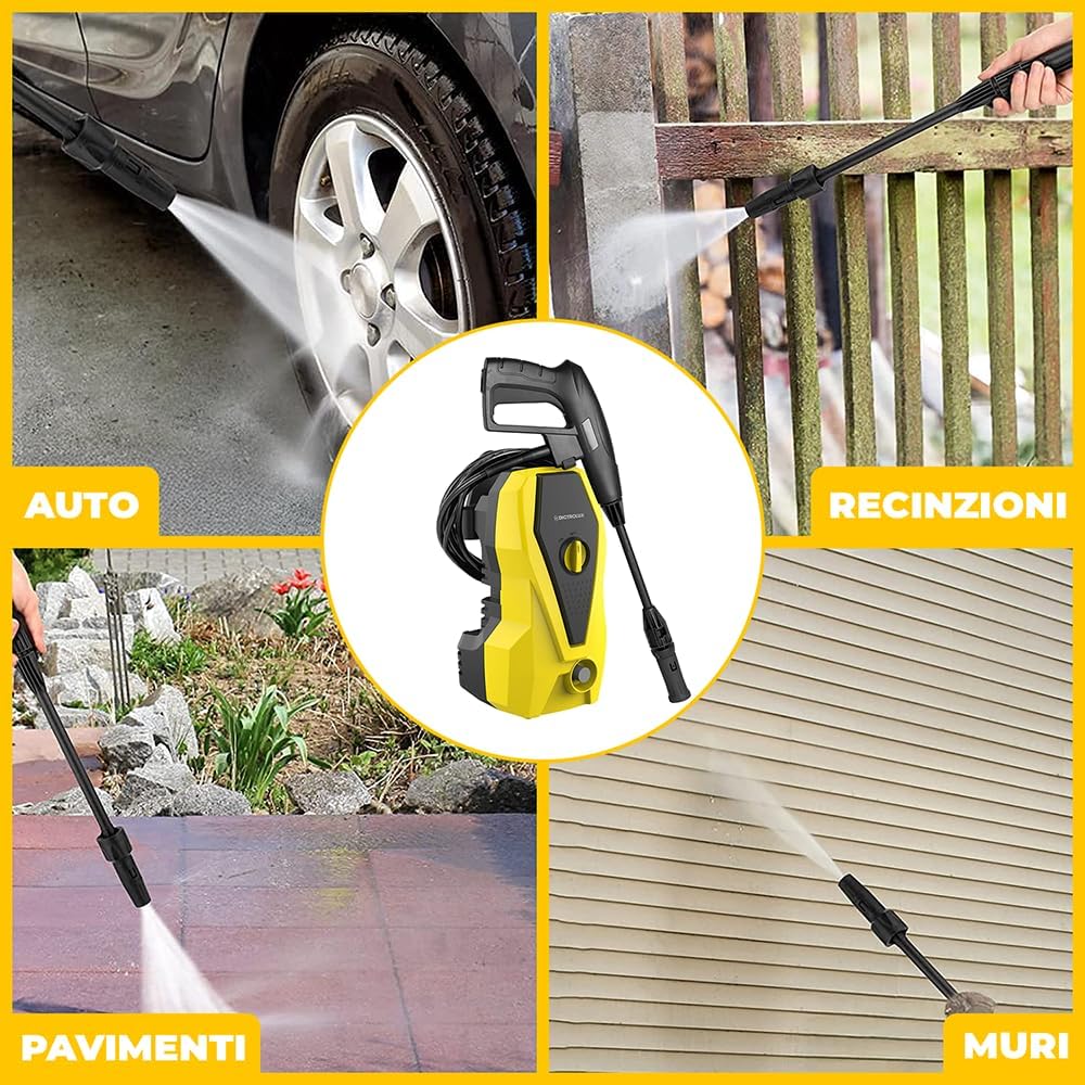 Applications of the Mediawave Store Dictrolux Hydro Compact 201 pressure washer for cleaning cars, fences, pavements, and walls.