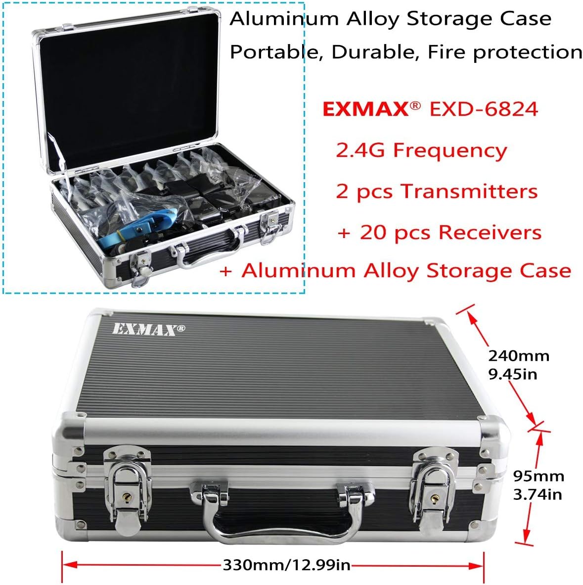 EXMAX EXD-6824 Wireless Tour Guide System Church Translation Equipment Up to 328 feet Audio Transmission for Bus Travel Industry Tour Assistive Listening 2 Transmitters 20 Receivers Storage Case