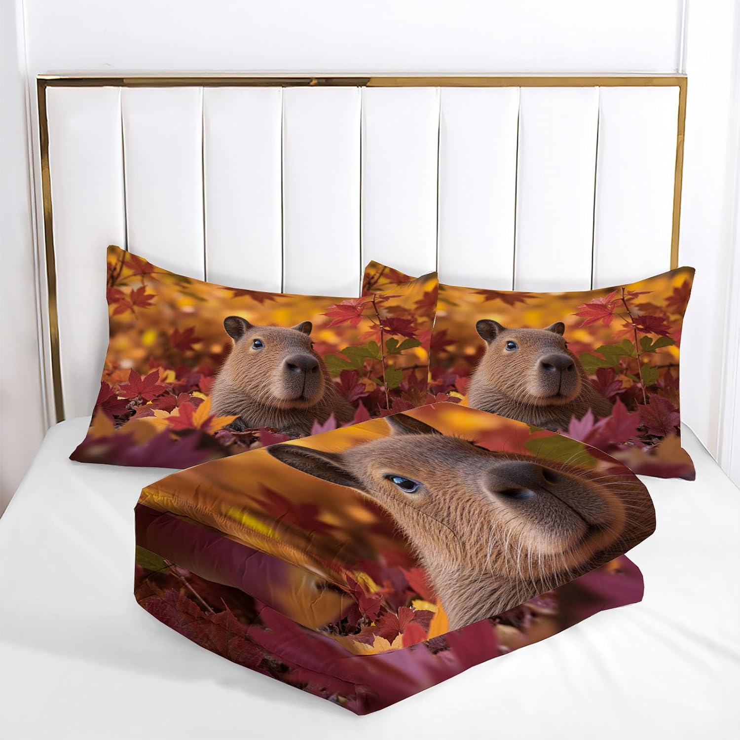 Cute Animals Quilt Set King 3 Pieces, Warm Brown Quilts Bedding Set Autumn Capybara Bedspread Bed Cover Lightweight Spring Summer Beds Coverlet for All Season - 104"X90"